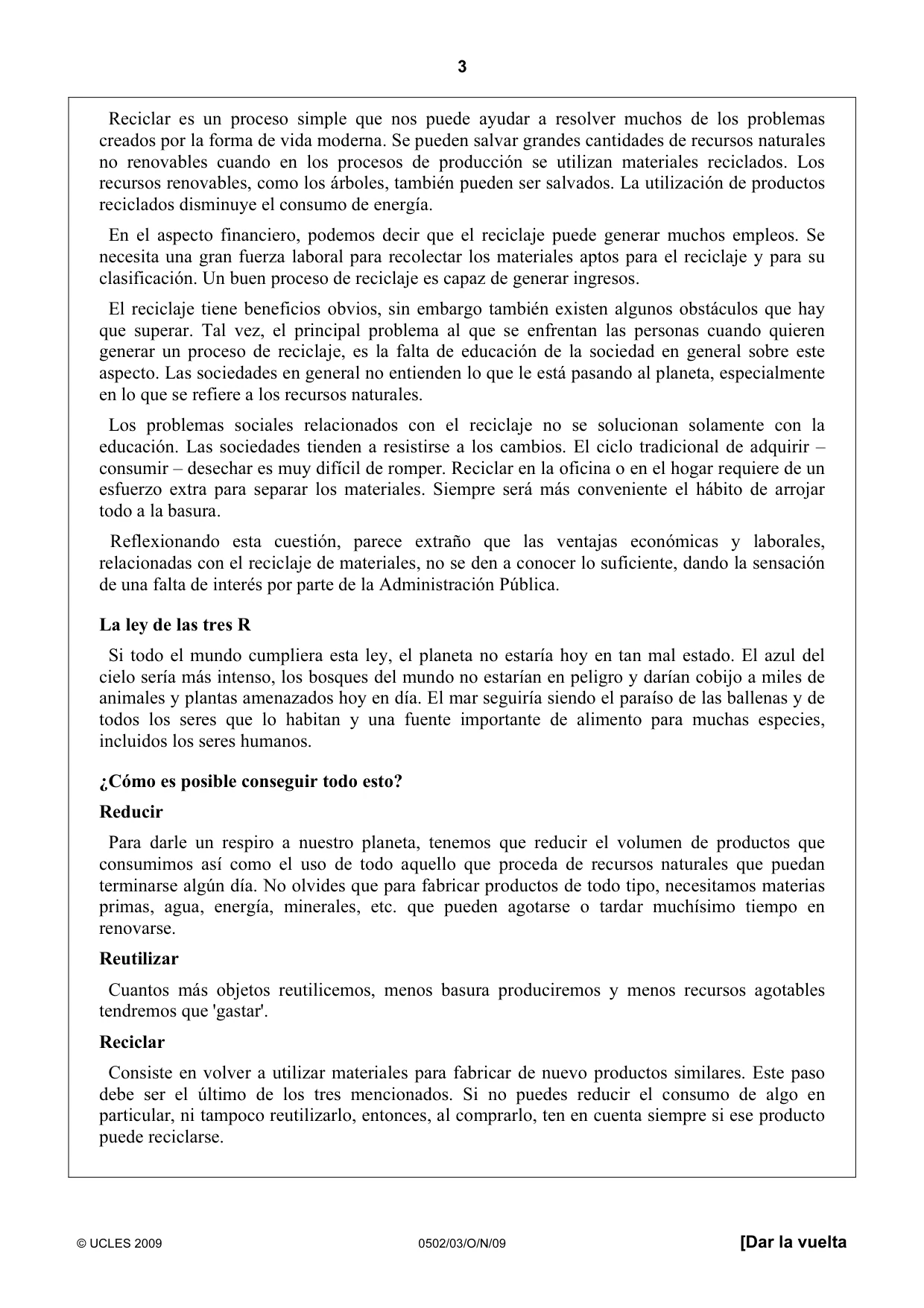 Cambridge IGCSE Spanish - First Language 0502 2009 Oct/Nov Paper 3 · Variant 1 question paper, page 3 of 4