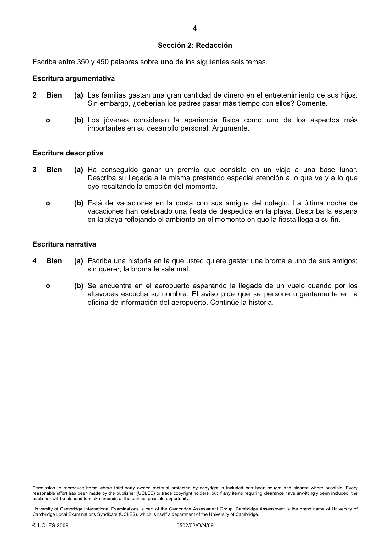 Cambridge IGCSE Spanish - First Language 0502 2009 Oct/Nov Paper 3 · Variant 1 question paper, page 4 of 4