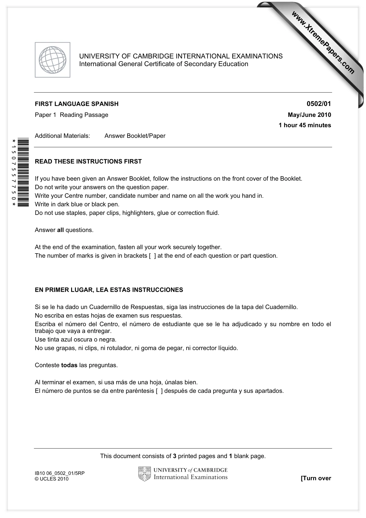 Cambridge IGCSE Spanish - First Language 0502 2010 May/June Paper 1 · Variant 1 question paper, page 1 of 4