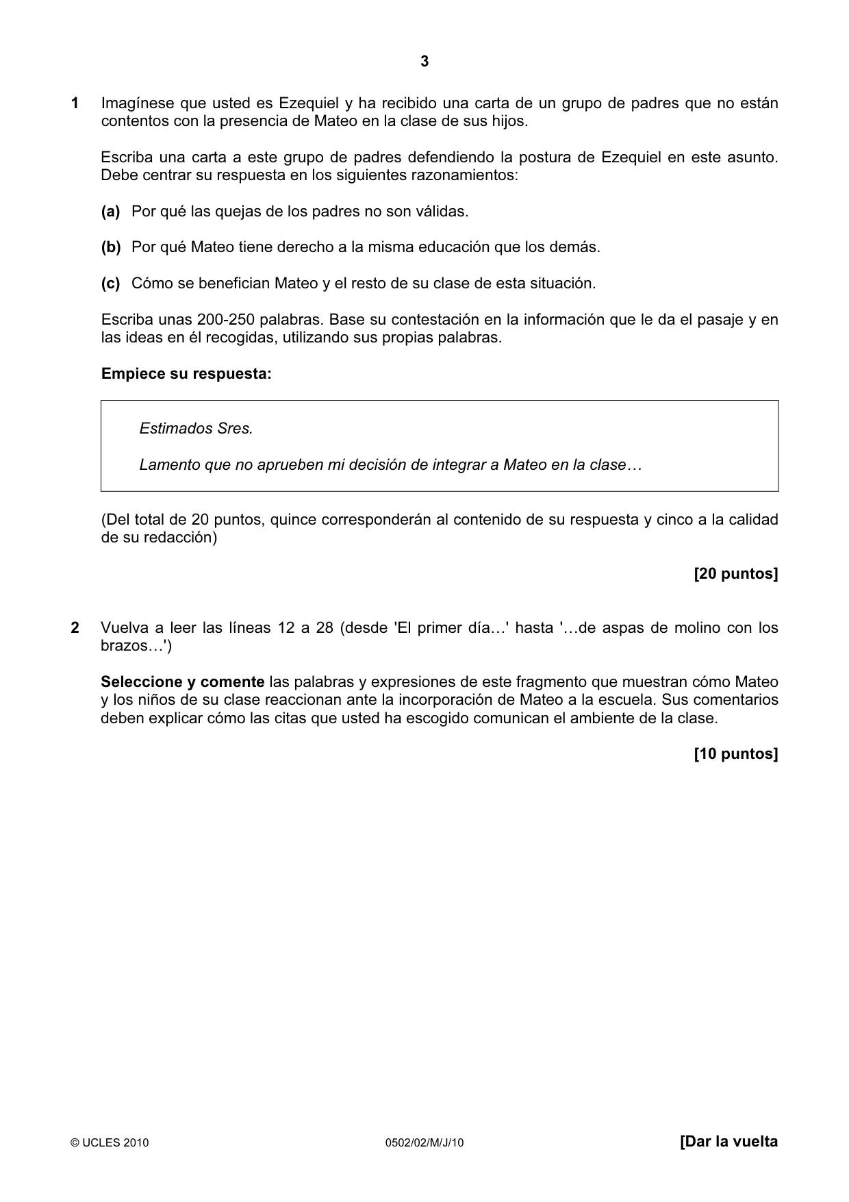 Cambridge IGCSE Spanish - First Language 0502 2010 May/June Paper 2 · Variant 1 question paper, page 3 of 8