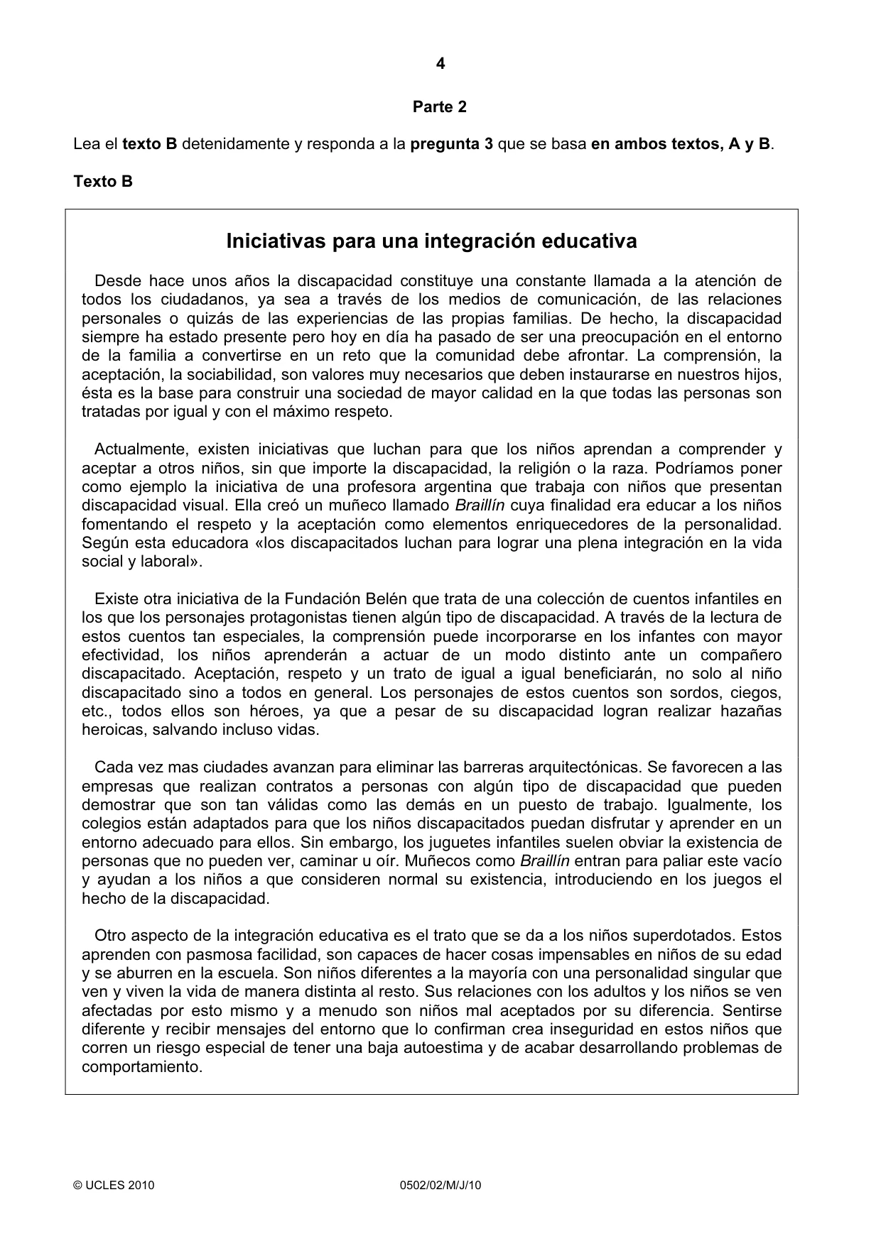 Cambridge IGCSE Spanish - First Language 0502 2010 May/June Paper 2 · Variant 1 question paper, page 4 of 8