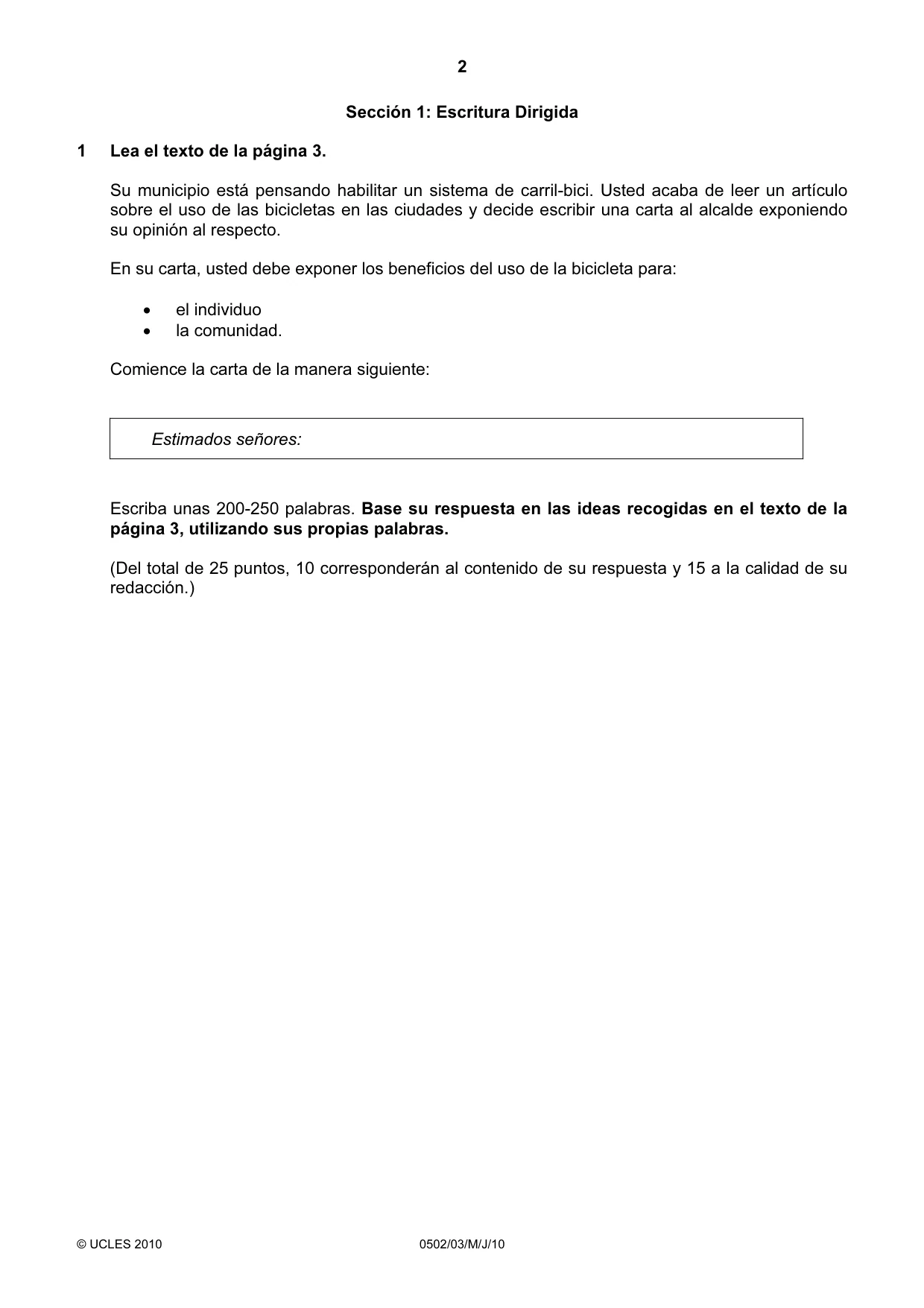 Cambridge IGCSE Spanish - First Language 0502 2010 May/June Paper 3 · Variant 1 question paper, page 2 of 4