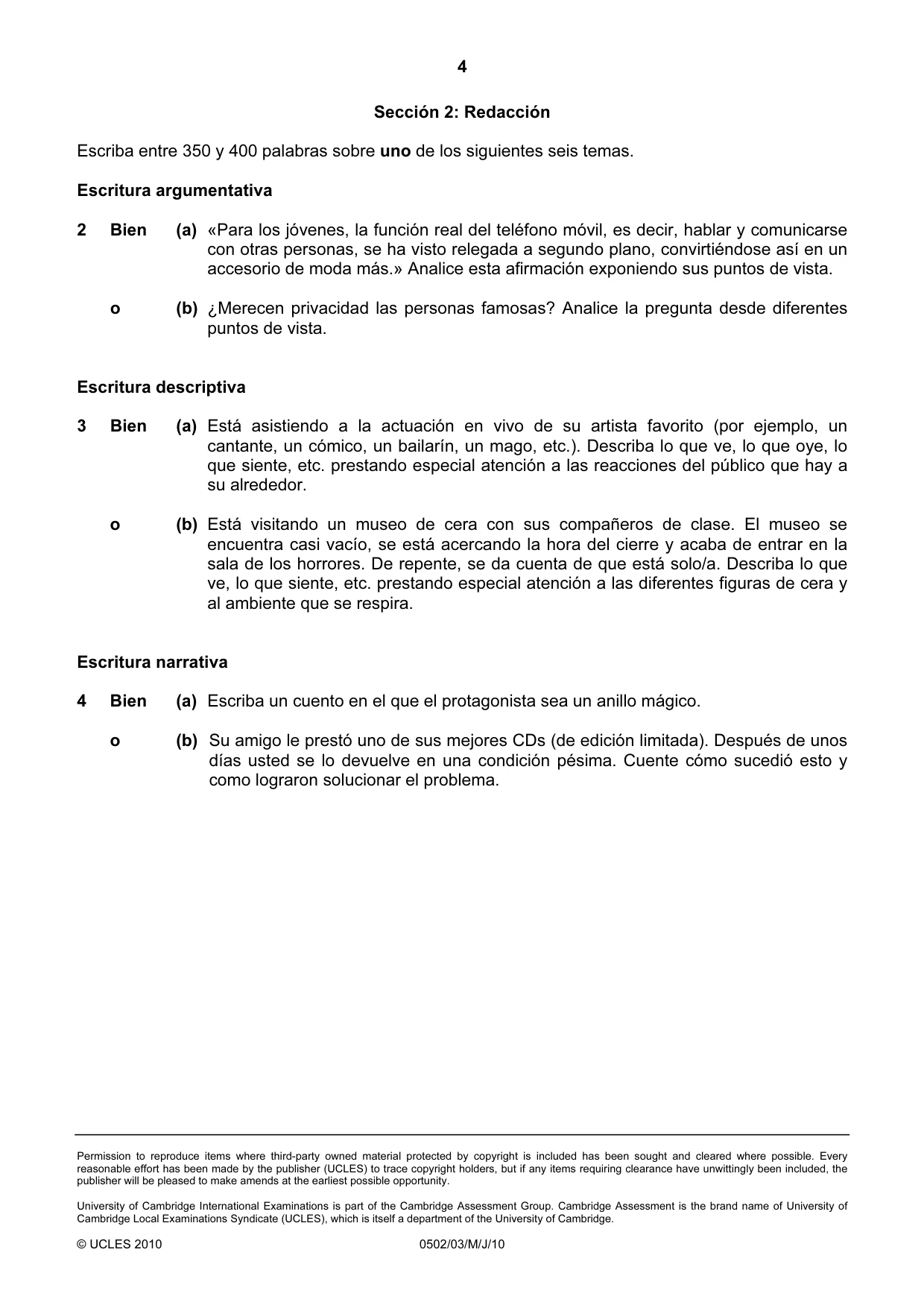 Cambridge IGCSE Spanish - First Language 0502 2010 May/June Paper 3 · Variant 1 question paper, page 4 of 4