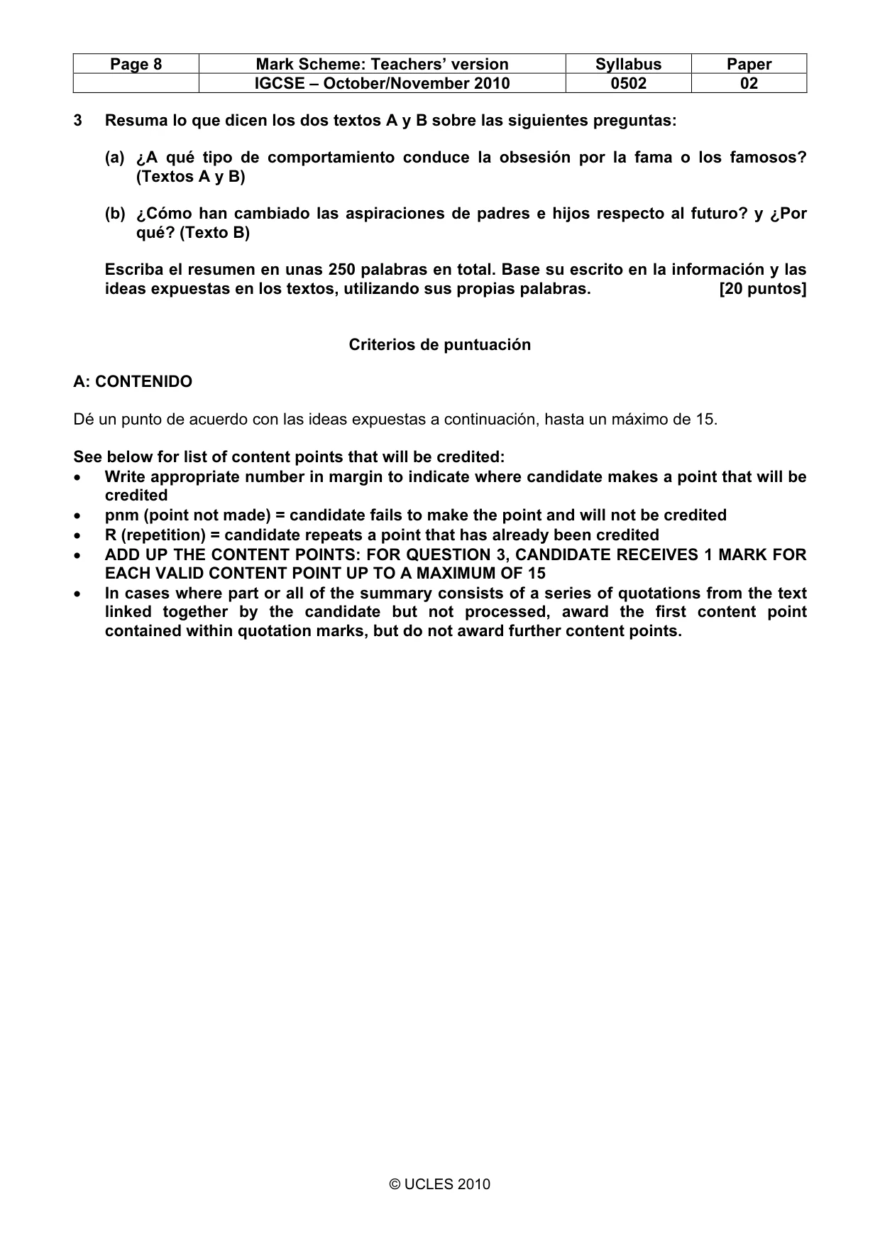 Mark scheme, page 8 of 10