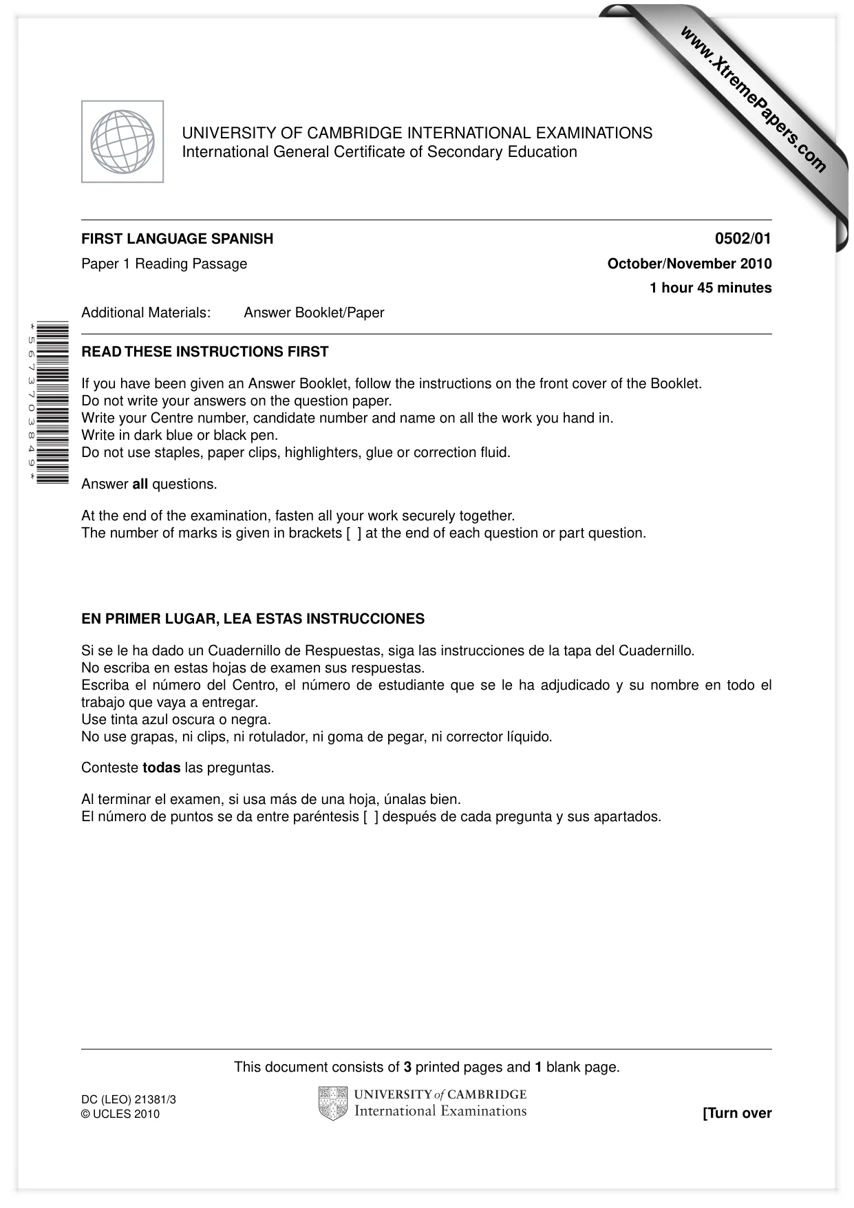 Cambridge IGCSE Spanish - First Language 0502 2010 Oct/Nov Paper 1 · Variant 1 question paper, page 1 of 4