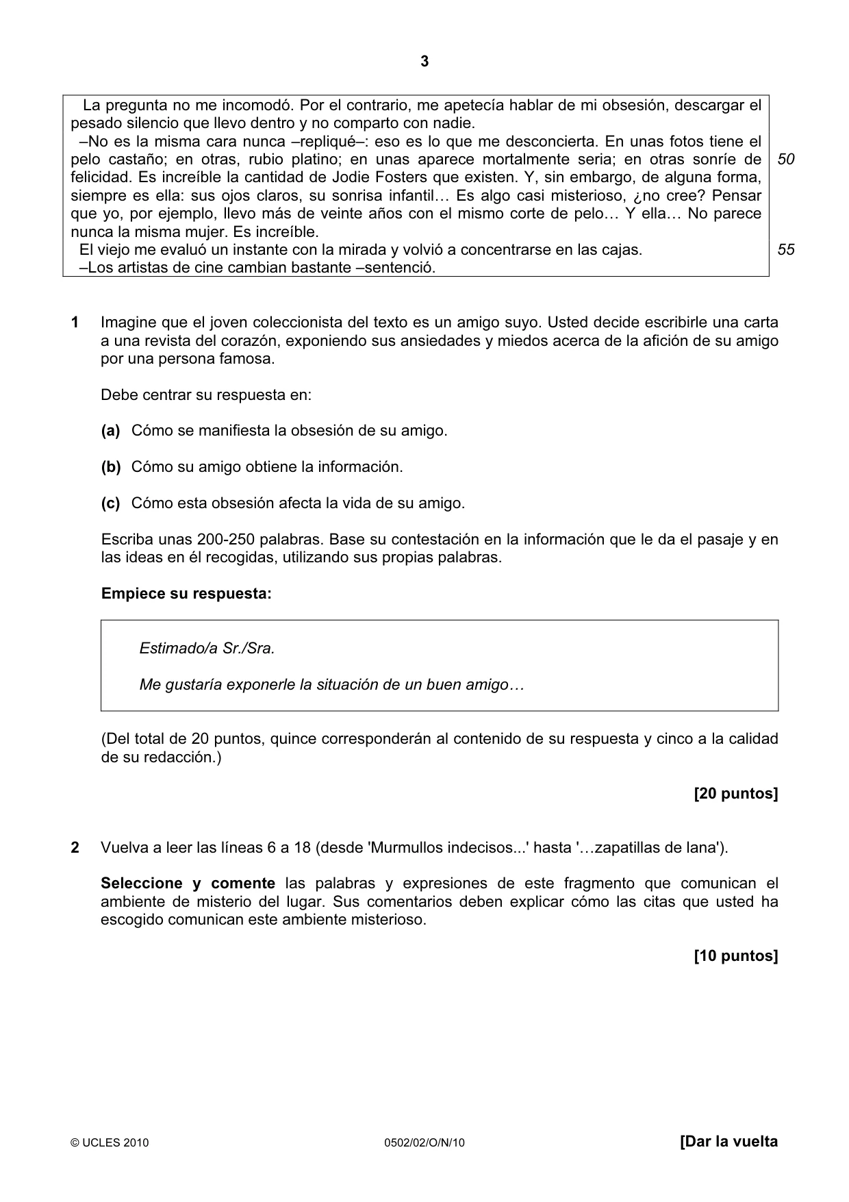 Cambridge IGCSE Spanish - First Language 0502 2010 Oct/Nov Paper 2 · Variant 1 question paper, page 3 of 8