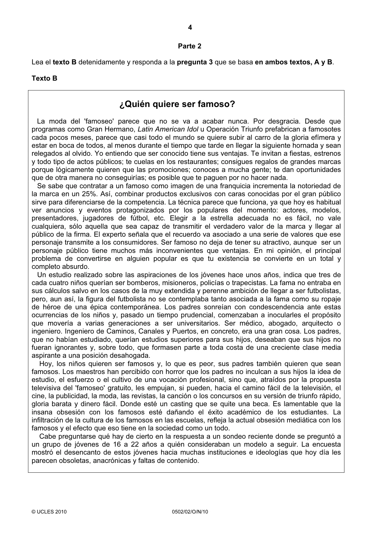 Cambridge IGCSE Spanish - First Language 0502 2010 Oct/Nov Paper 2 · Variant 1 question paper, page 4 of 8