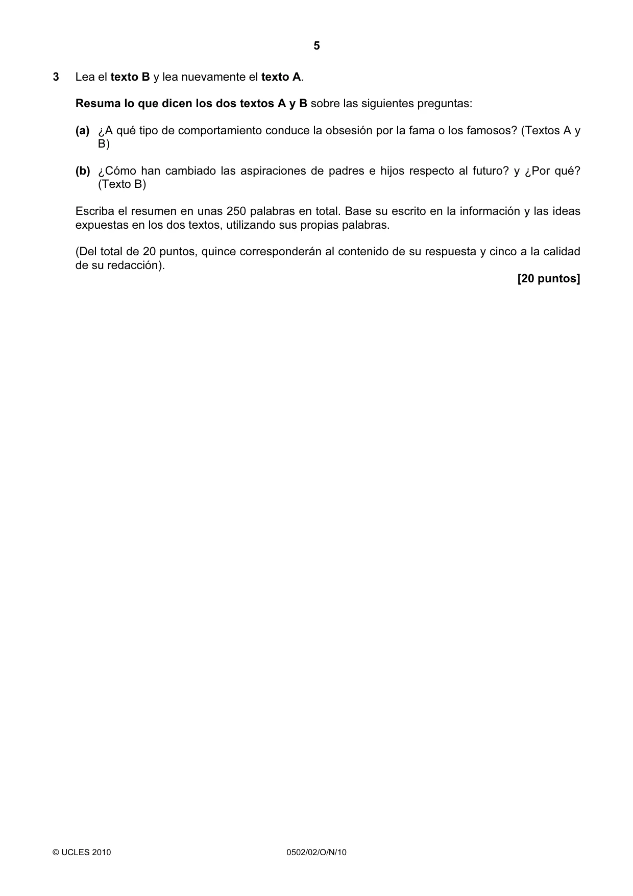 Cambridge IGCSE Spanish - First Language 0502 2010 Oct/Nov Paper 2 · Variant 1 question paper, page 5 of 8
