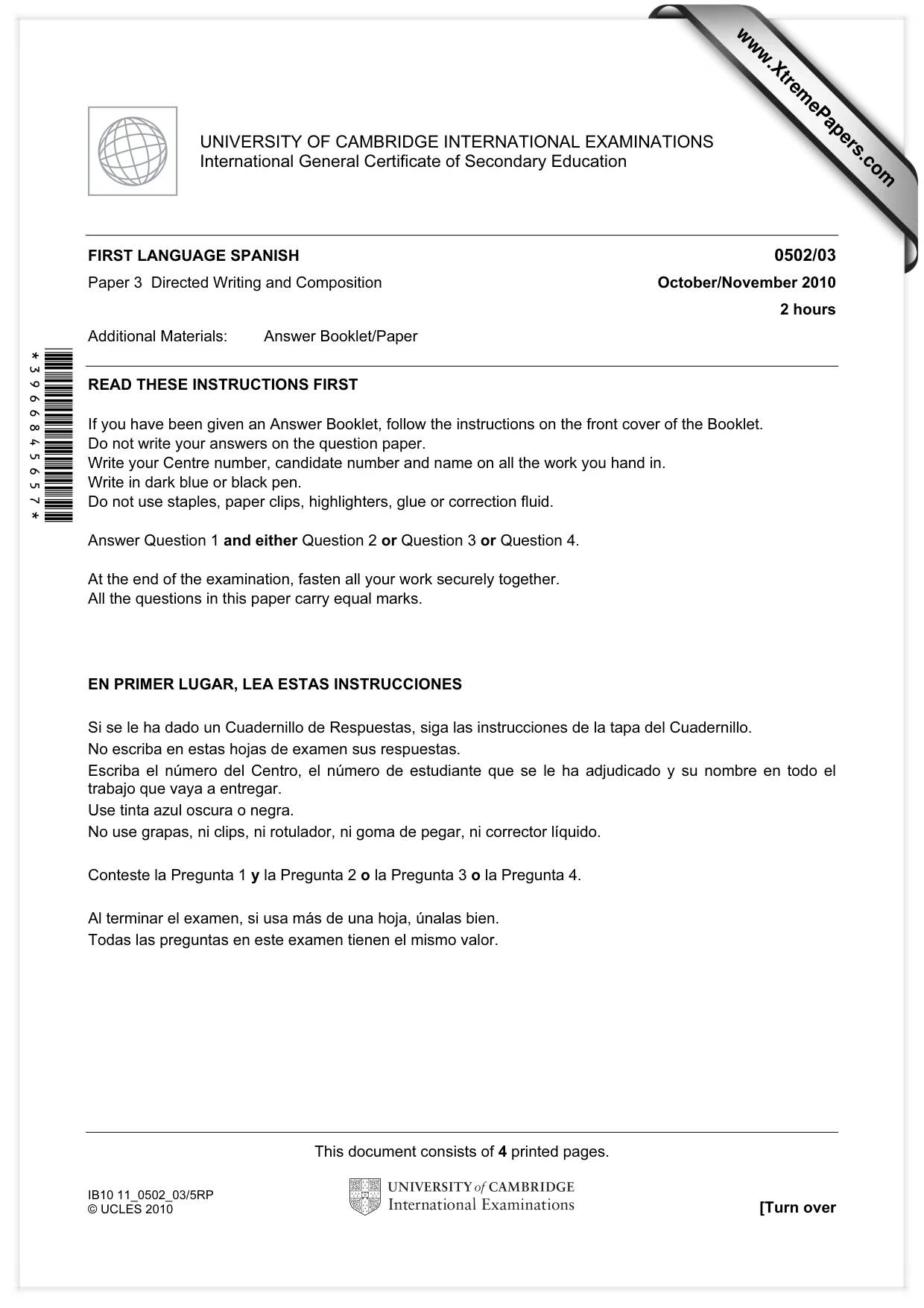 Cambridge IGCSE Spanish - First Language 0502 2010 Oct/Nov Paper 3 · Variant 1 question paper, page 1 of 4
