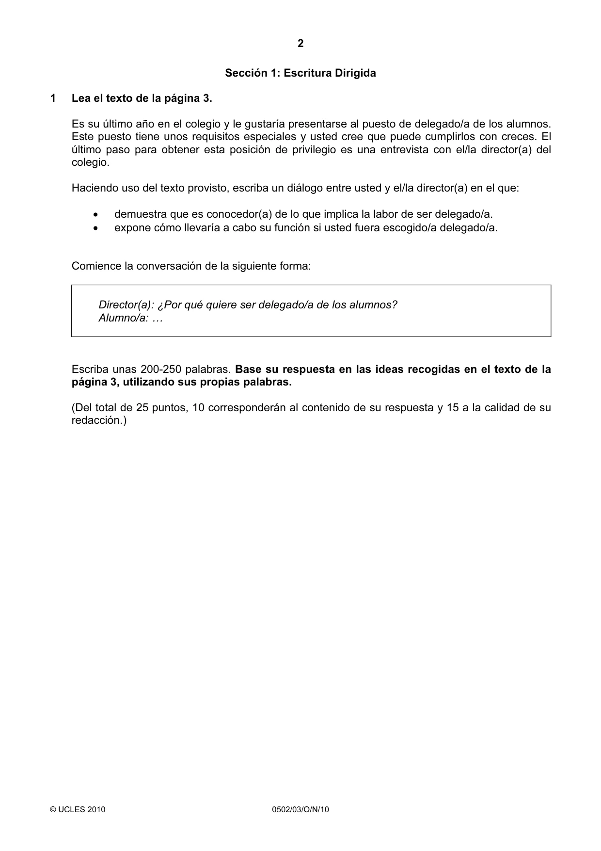 Cambridge IGCSE Spanish - First Language 0502 2010 Oct/Nov Paper 3 · Variant 1 question paper, page 2 of 4