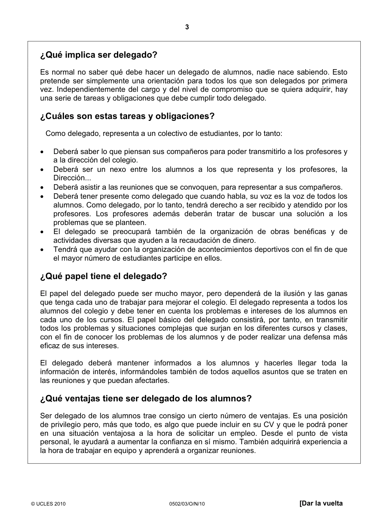 Cambridge IGCSE Spanish - First Language 0502 2010 Oct/Nov Paper 3 · Variant 1 question paper, page 3 of 4