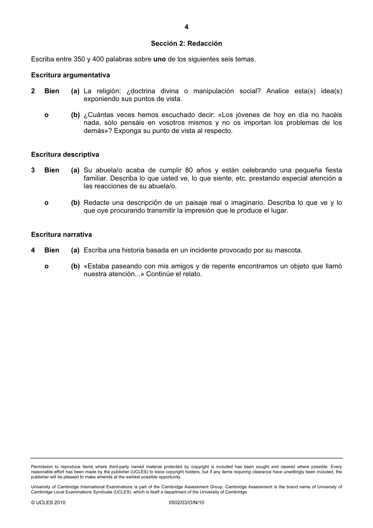 Cambridge IGCSE Spanish - First Language 0502 2010 Oct/Nov Paper 3 · Variant 1 question paper, page 4 of 4