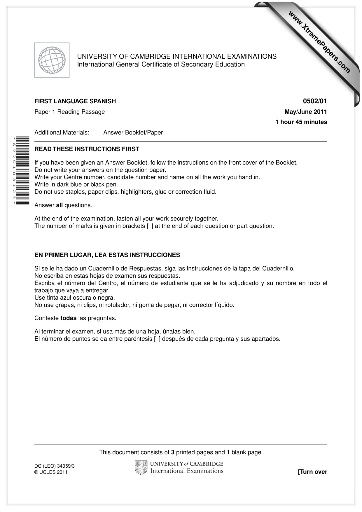 Cambridge IGCSE Spanish - First Language 0502 2011 May/June Paper 1 · Variant 1 question paper, page 1 of 4