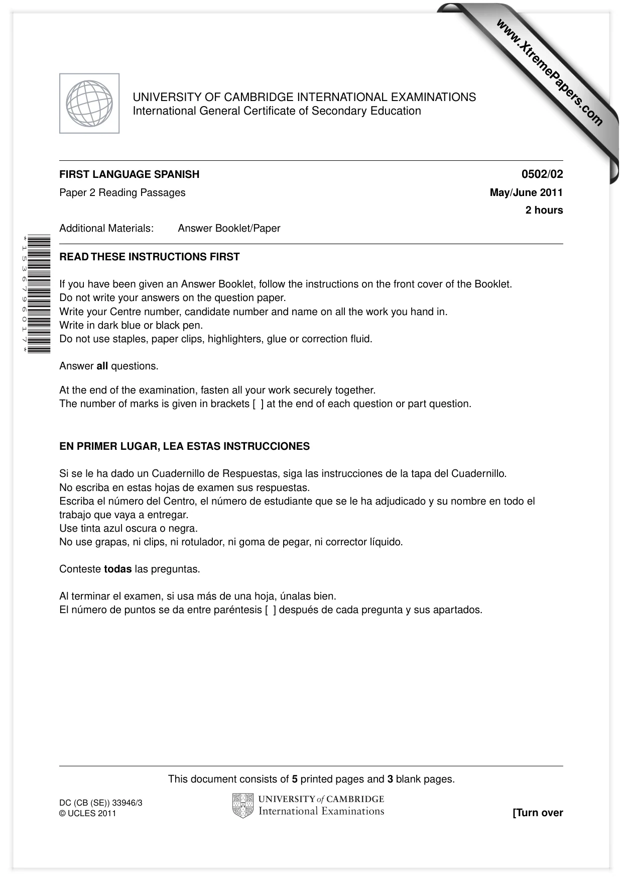 Cambridge IGCSE Spanish - First Language 0502 2011 May/June Paper 2 · Variant 1 question paper, page 1 of 8