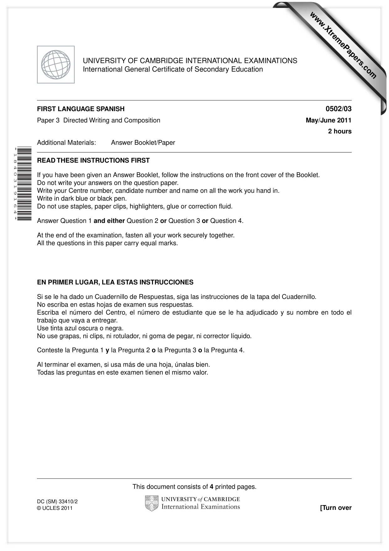 Cambridge IGCSE Spanish - First Language 0502 2011 May/June Paper 3 · Variant 1 question paper, page 1 of 4