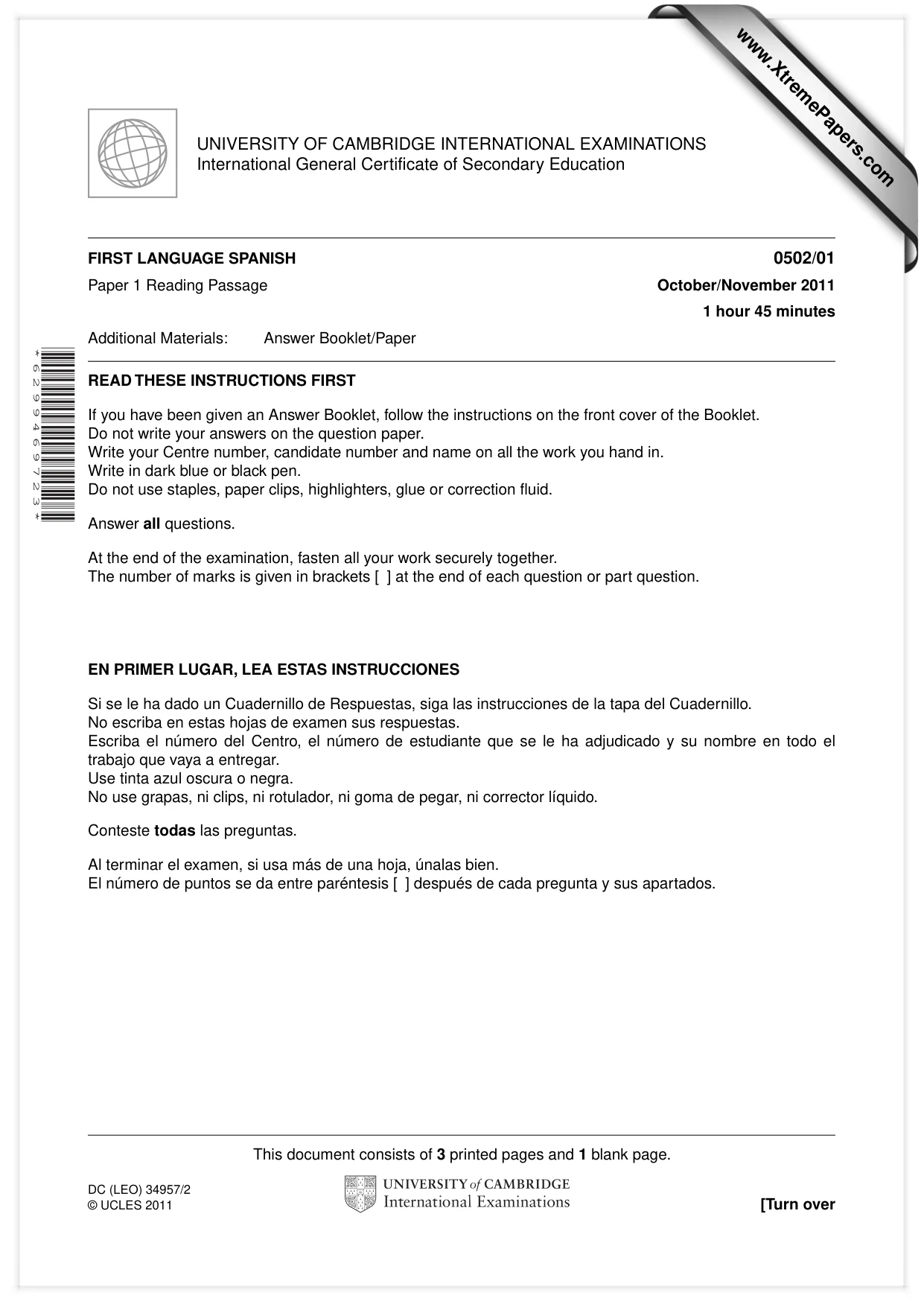 Cambridge IGCSE Spanish - First Language 0502 2011 Oct/Nov Paper 1 · Variant 1 question paper, page 1 of 4