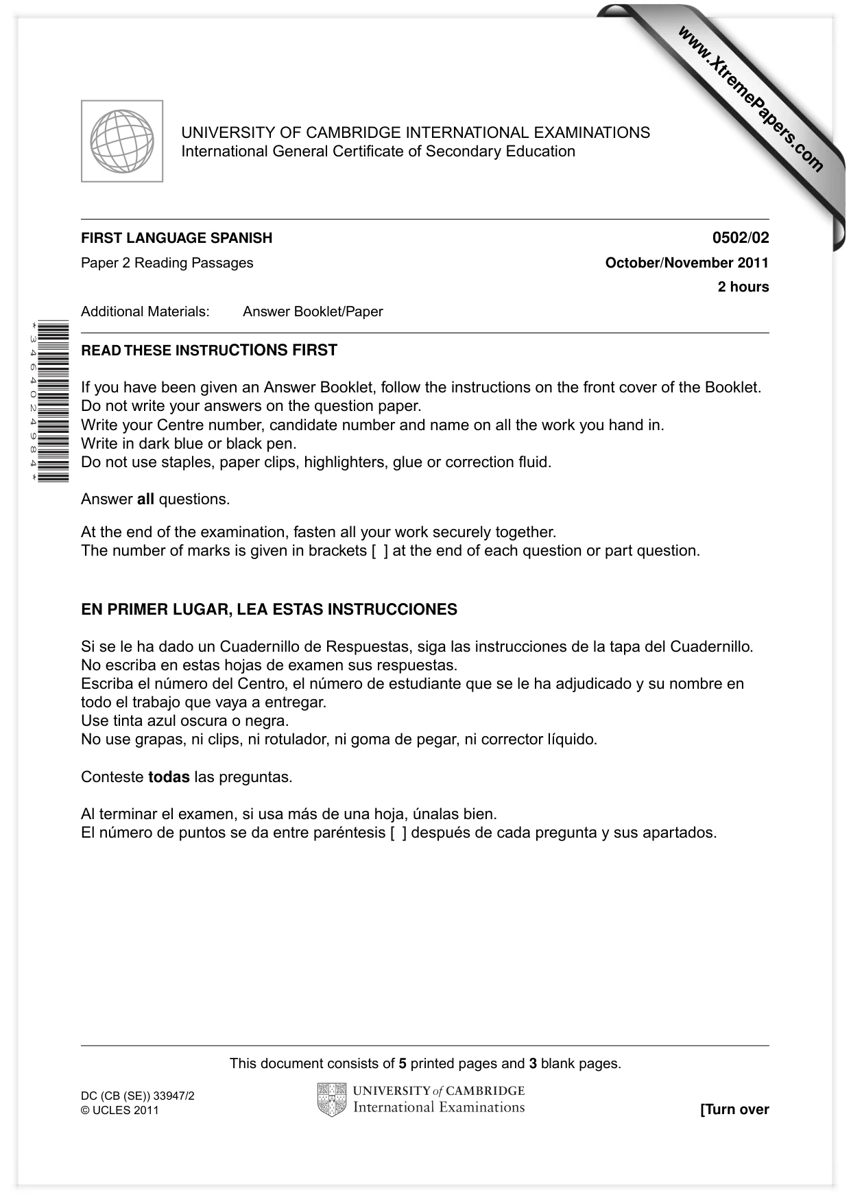 Cambridge IGCSE Spanish - First Language 0502 2011 Oct/Nov Paper 2 · Variant 1 question paper, page 1 of 8