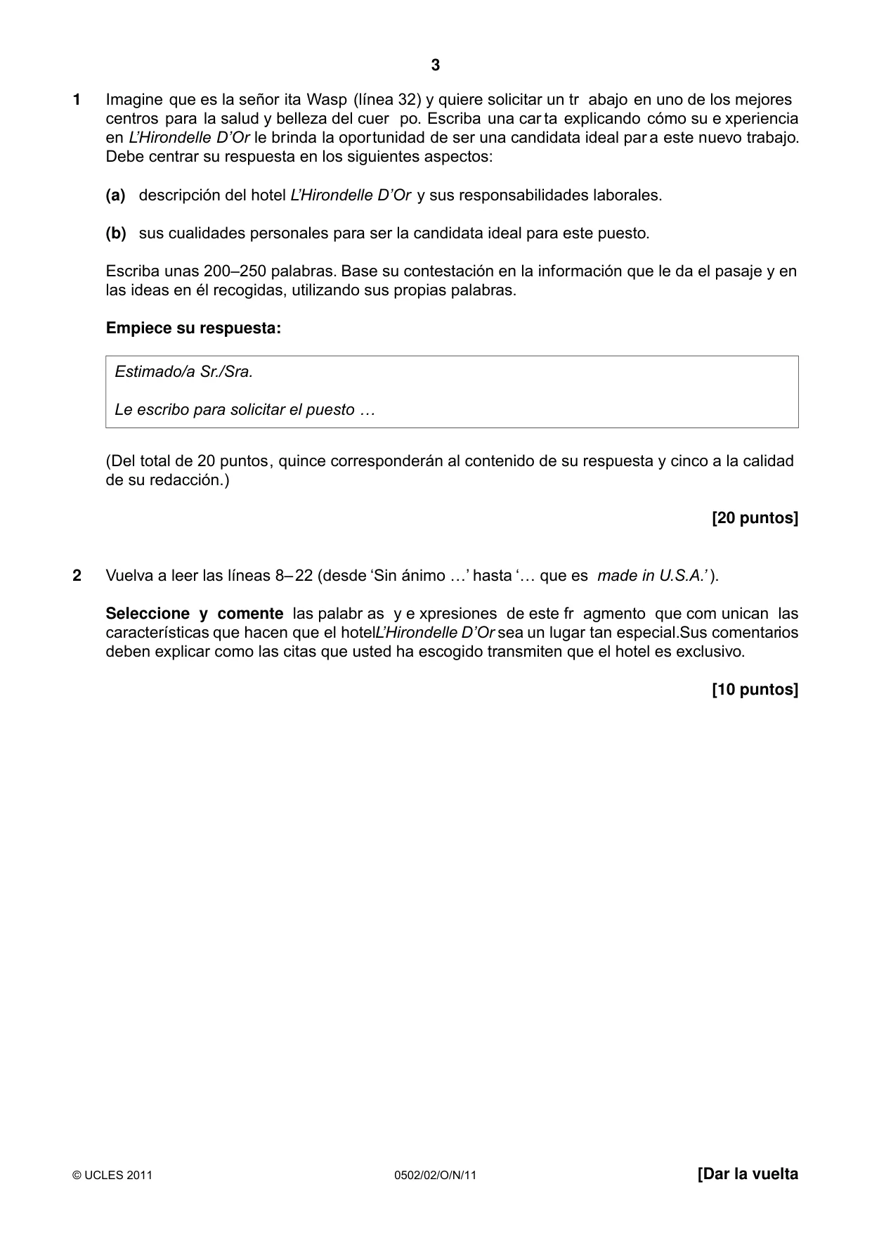 Cambridge IGCSE Spanish - First Language 0502 2011 Oct/Nov Paper 2 · Variant 1 question paper, page 3 of 8