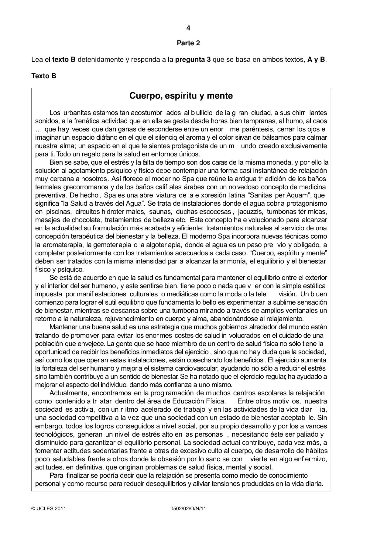 Cambridge IGCSE Spanish - First Language 0502 2011 Oct/Nov Paper 2 · Variant 1 question paper, page 4 of 8