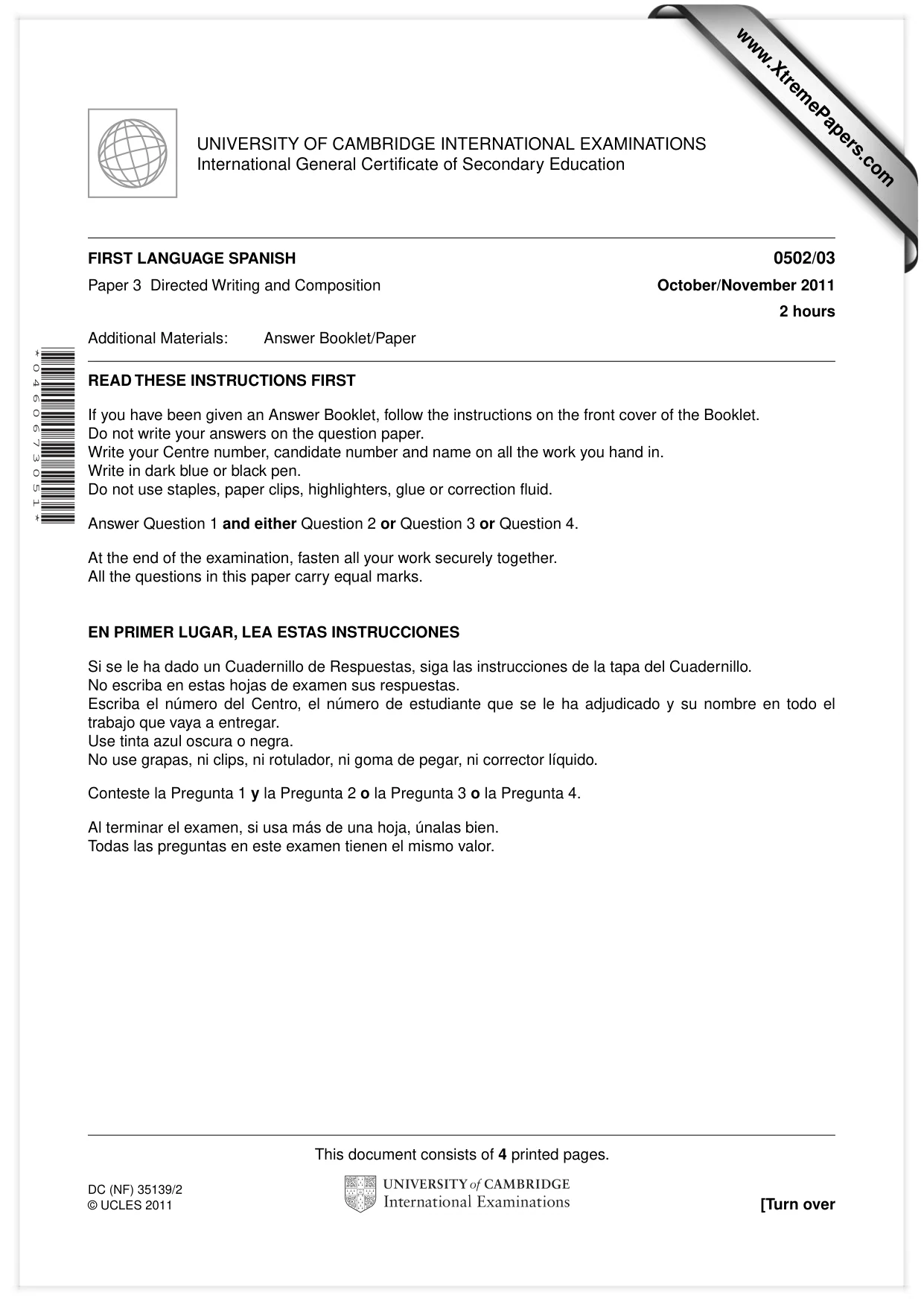Cambridge IGCSE Spanish - First Language 0502 2011 Oct/Nov Paper 3 · Variant 1 question paper, page 1 of 4