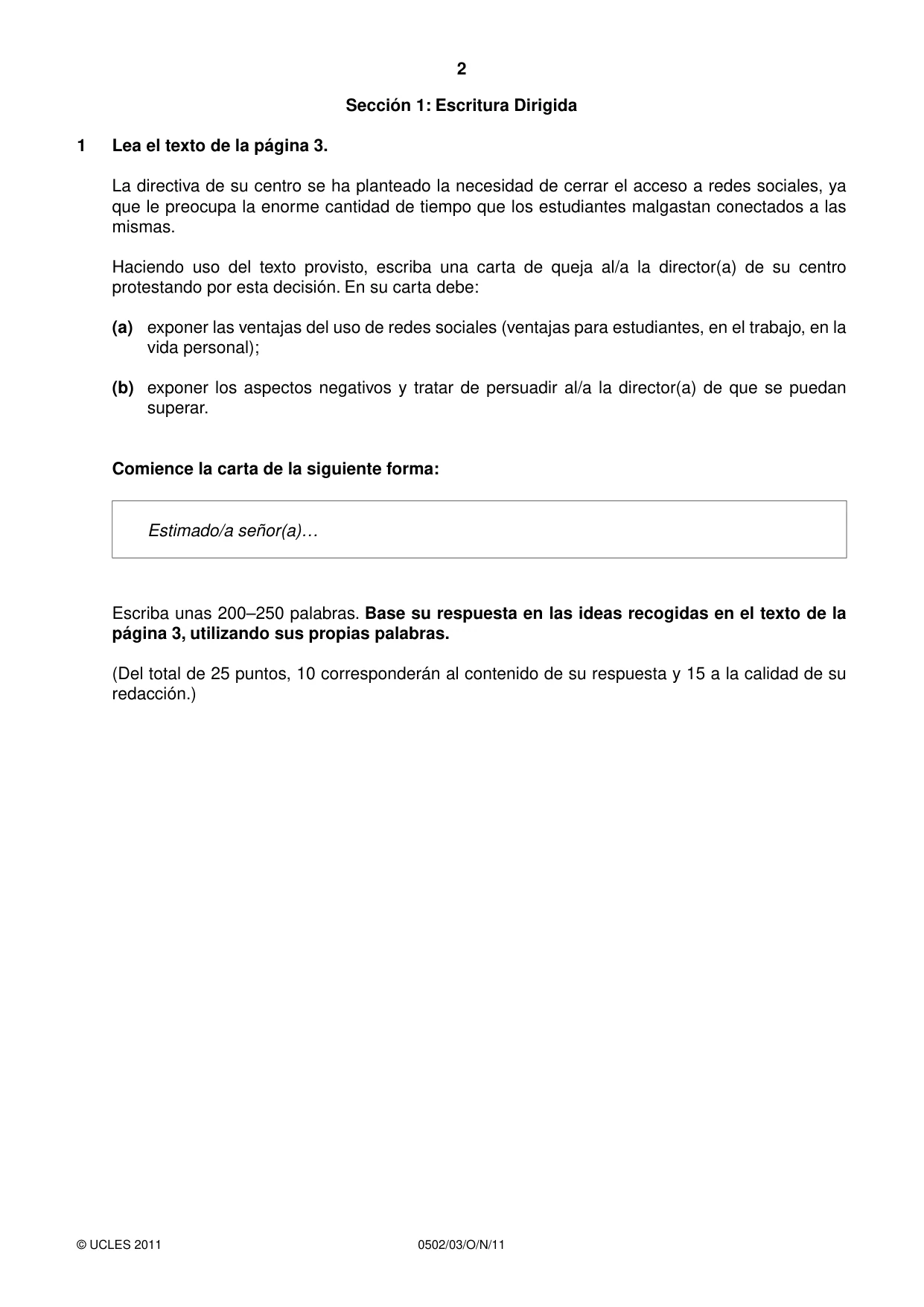 Cambridge IGCSE Spanish - First Language 0502 2011 Oct/Nov Paper 3 · Variant 1 question paper, page 2 of 4