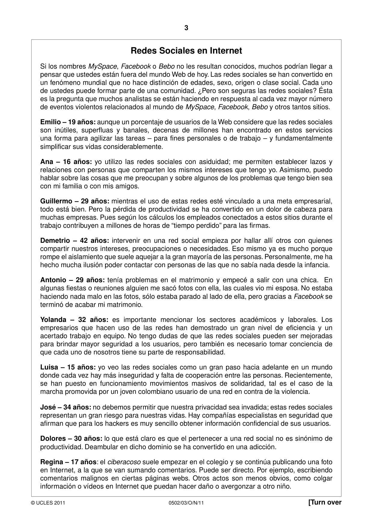 Cambridge IGCSE Spanish - First Language 0502 2011 Oct/Nov Paper 3 · Variant 1 question paper, page 3 of 4