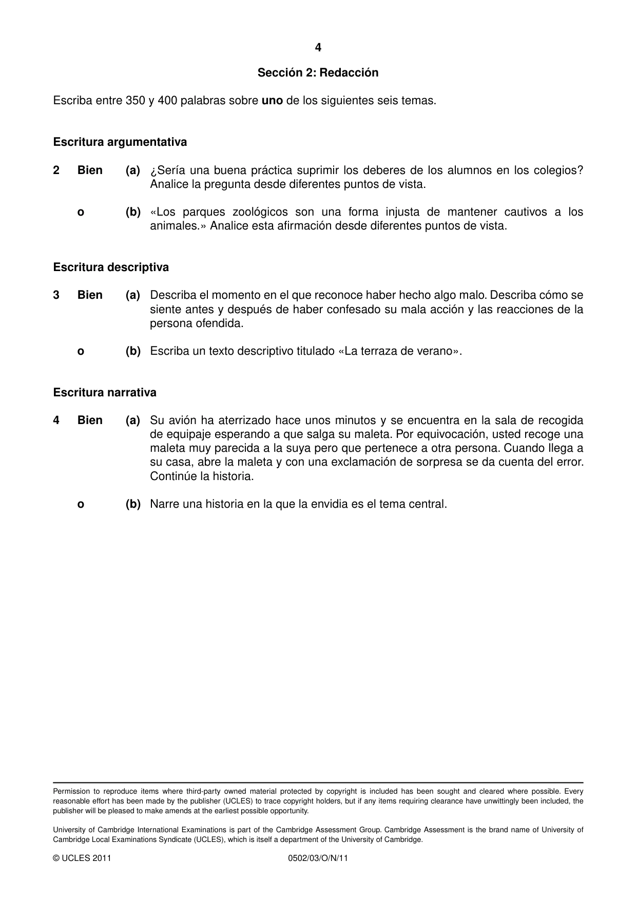 Cambridge IGCSE Spanish - First Language 0502 2011 Oct/Nov Paper 3 · Variant 1 question paper, page 4 of 4