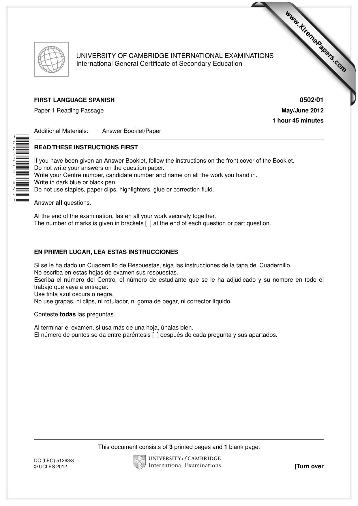 Cambridge IGCSE Spanish - First Language 0502 2012 May/June Paper 1 · Variant 1 question paper, page 1 of 4