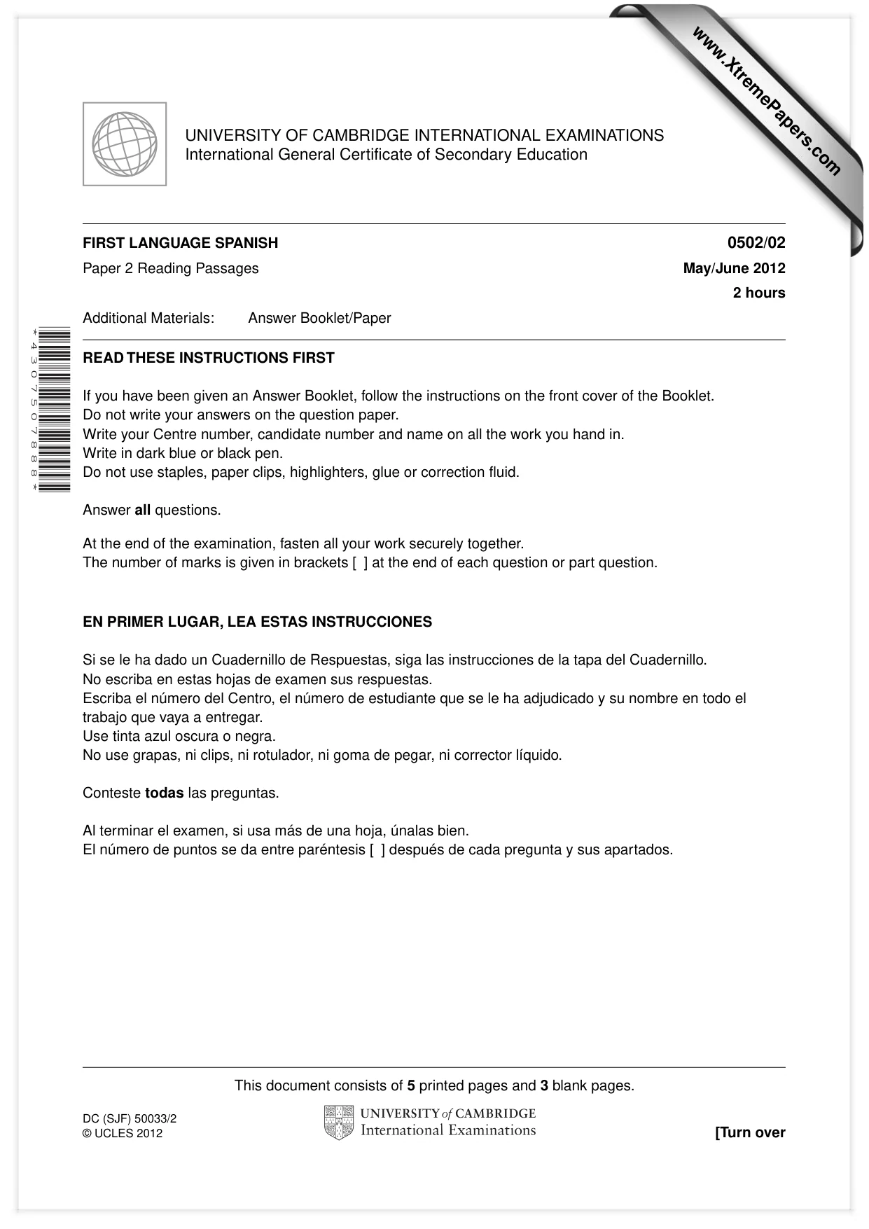 Cambridge IGCSE Spanish - First Language 0502 2012 May/June Paper 2 · Variant 1 question paper, page 1 of 8