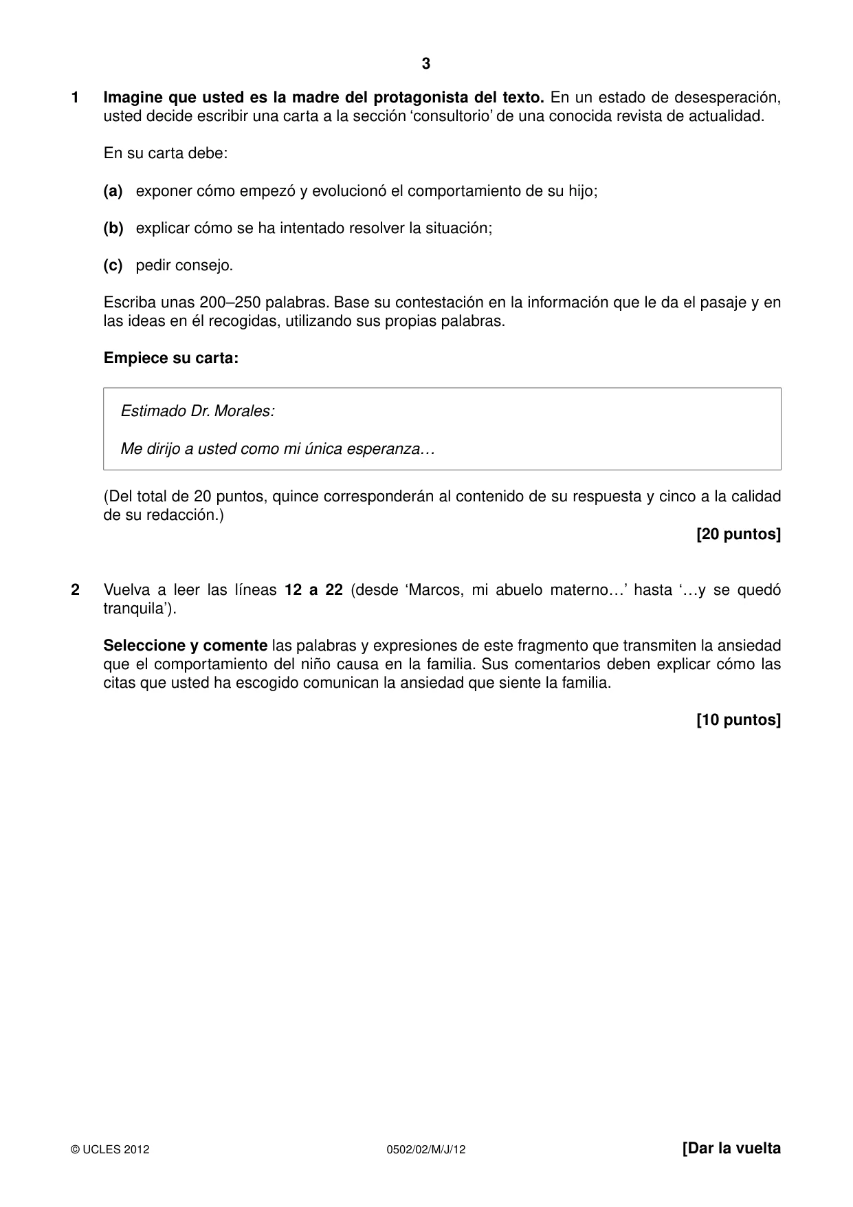 Cambridge IGCSE Spanish - First Language 0502 2012 May/June Paper 2 · Variant 1 question paper, page 3 of 8