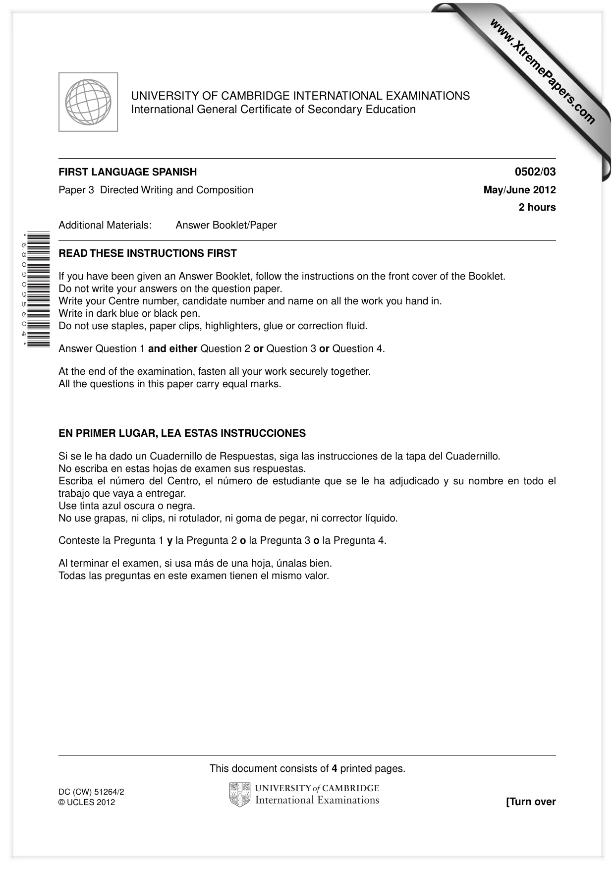 Cambridge IGCSE Spanish - First Language 0502 2012 May/June Paper 3 · Variant 1 question paper, page 1 of 4