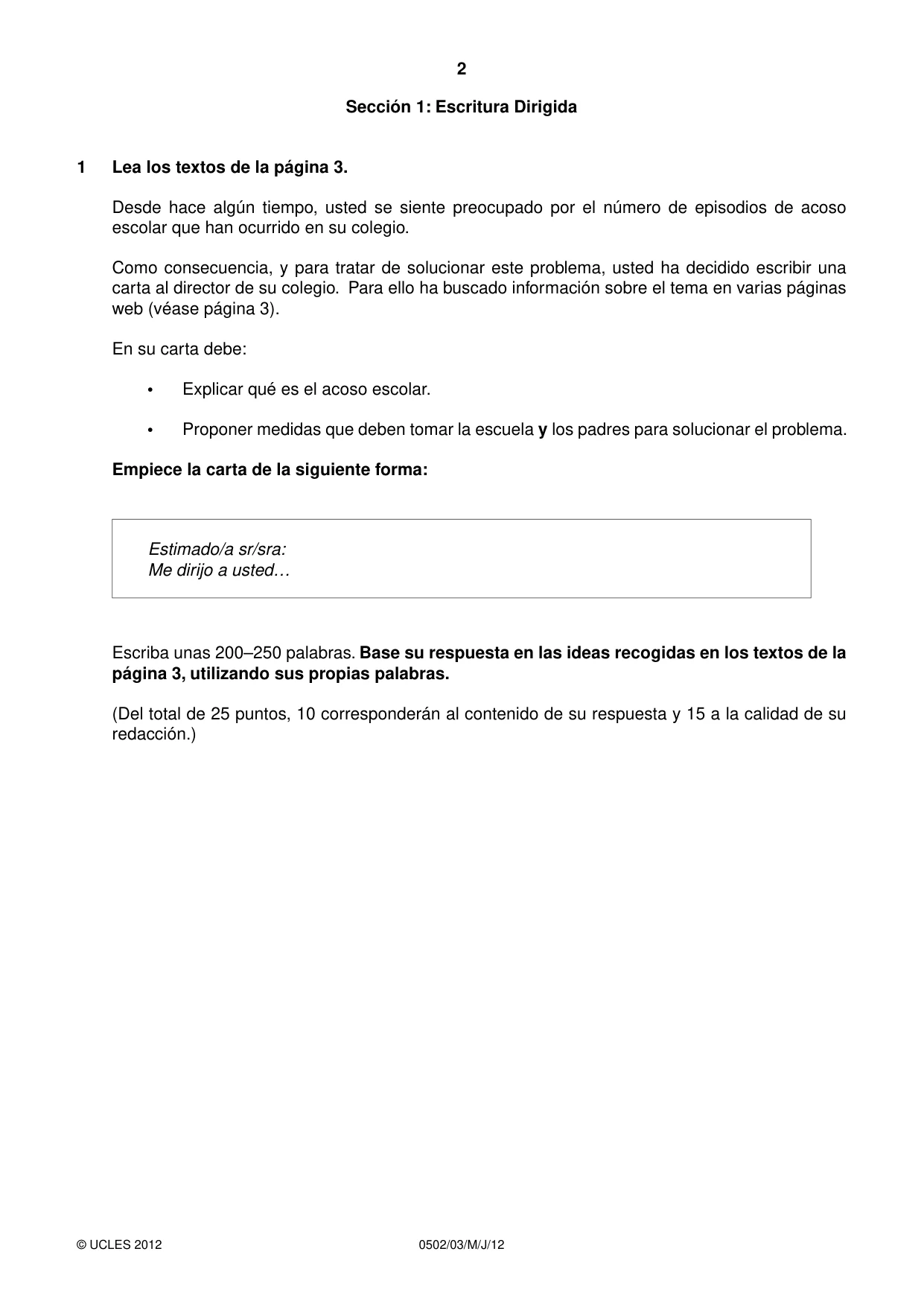 Cambridge IGCSE Spanish - First Language 0502 2012 May/June Paper 3 · Variant 1 question paper, page 2 of 4
