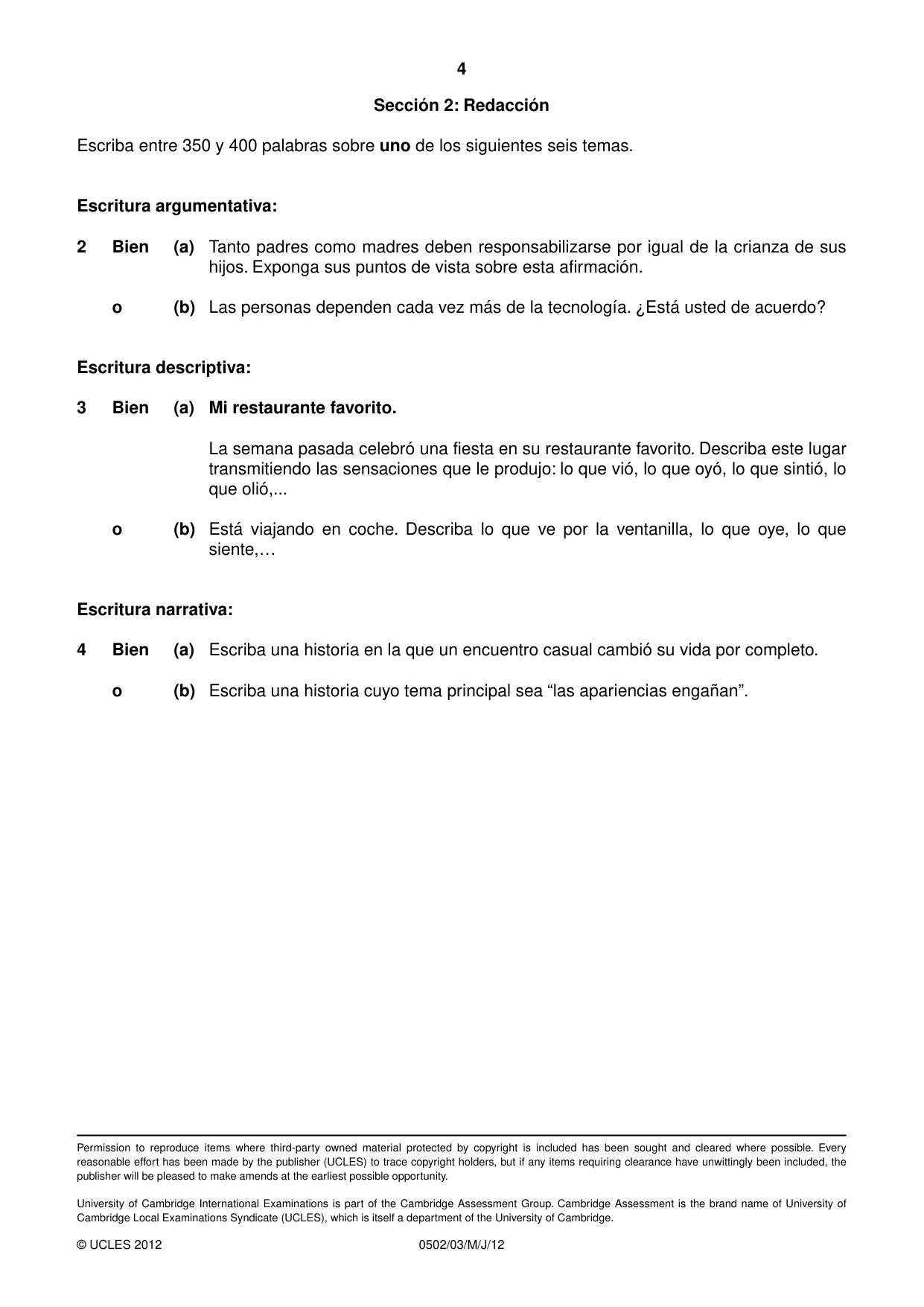 Cambridge IGCSE Spanish - First Language 0502 2012 May/June Paper 3 · Variant 1 question paper, page 4 of 4