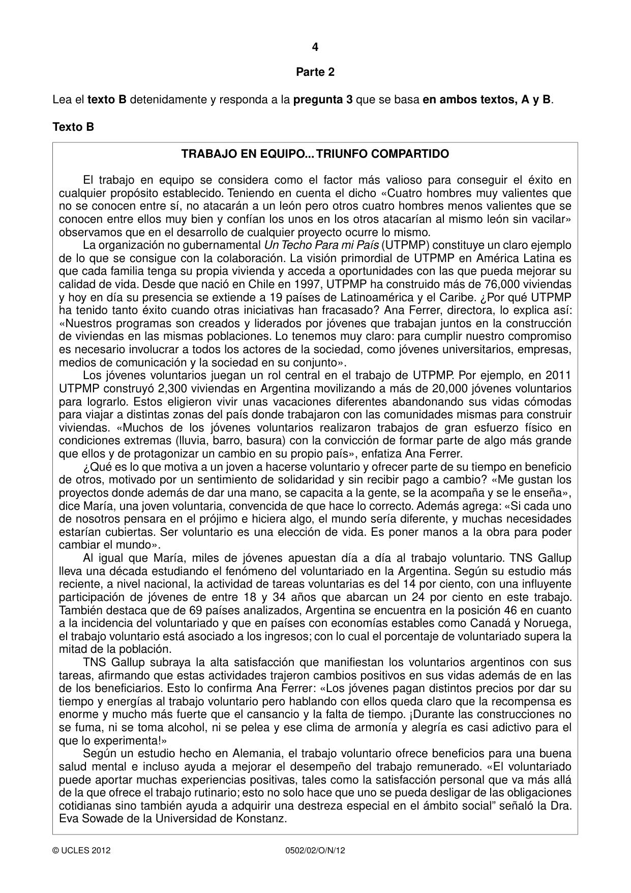 Cambridge IGCSE Spanish - First Language 0502 2012 Oct/Nov Paper 2 · Variant 1 question paper, page 4 of 8