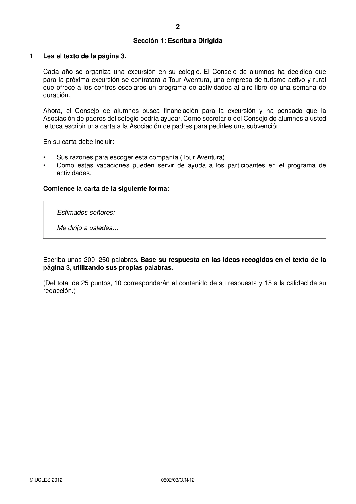 Cambridge IGCSE Spanish - First Language 0502 2012 Oct/Nov Paper 3 · Variant 1 question paper, page 2 of 4