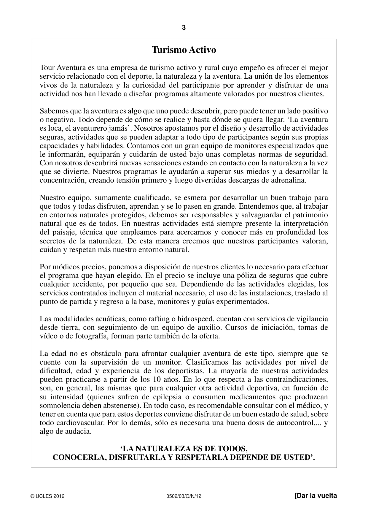 Cambridge IGCSE Spanish - First Language 0502 2012 Oct/Nov Paper 3 · Variant 1 question paper, page 3 of 4