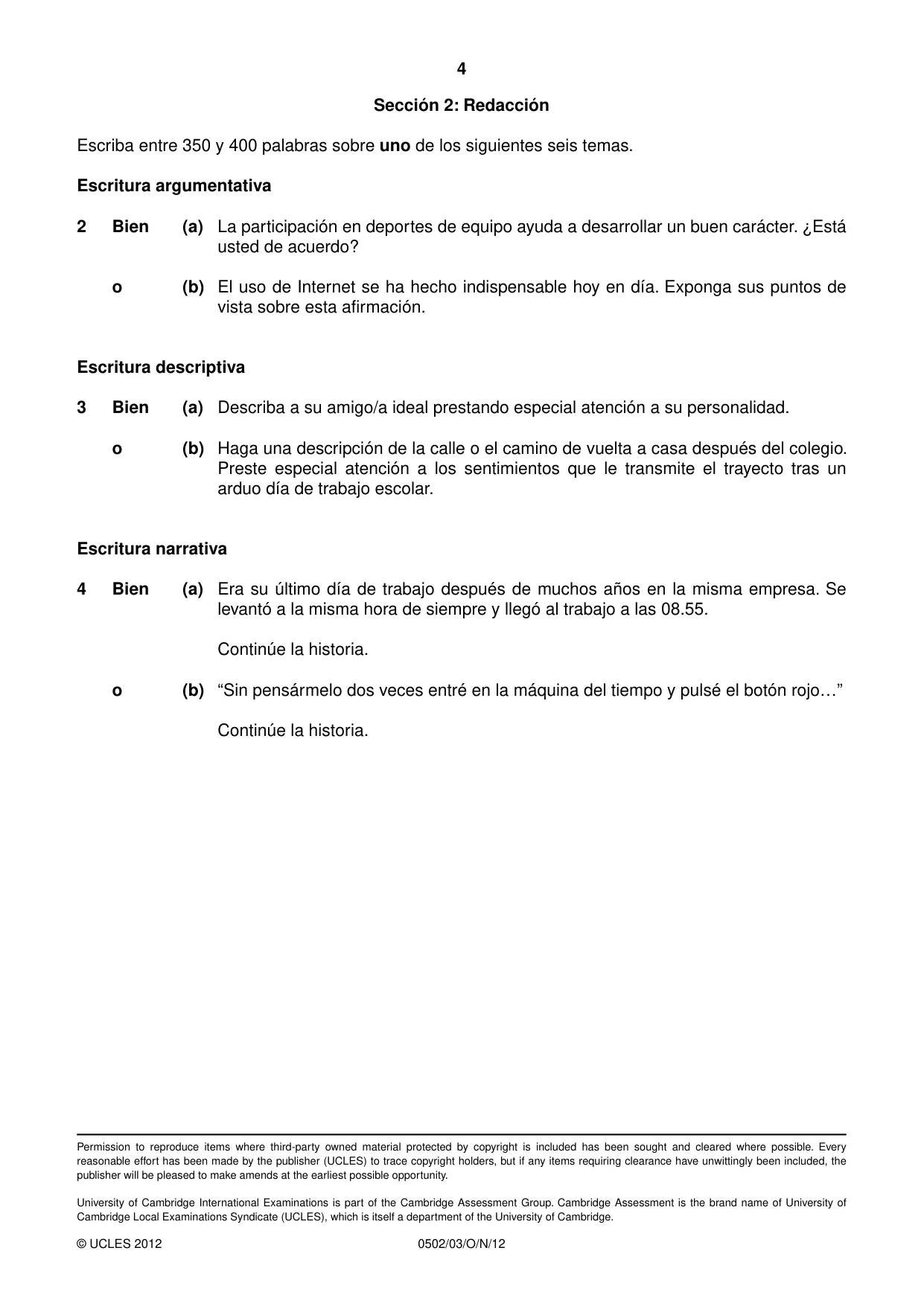 Cambridge IGCSE Spanish - First Language 0502 2012 Oct/Nov Paper 3 · Variant 1 question paper, page 4 of 4