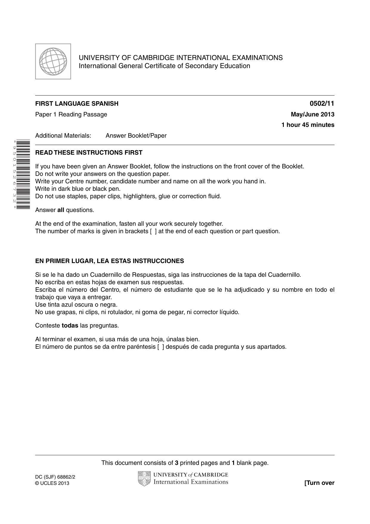 Cambridge IGCSE Spanish - First Language 0502 2013 May/June Paper 1 · Variant 1 question paper, page 1 of 4