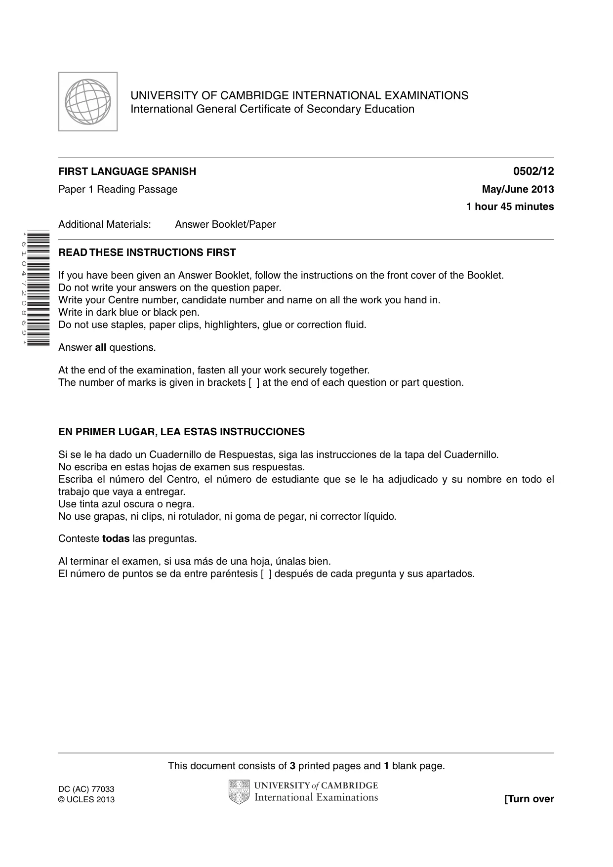 Cambridge IGCSE Spanish - First Language 0502 2013 May/June Paper 1 · Variant 2 question paper, page 1 of 4