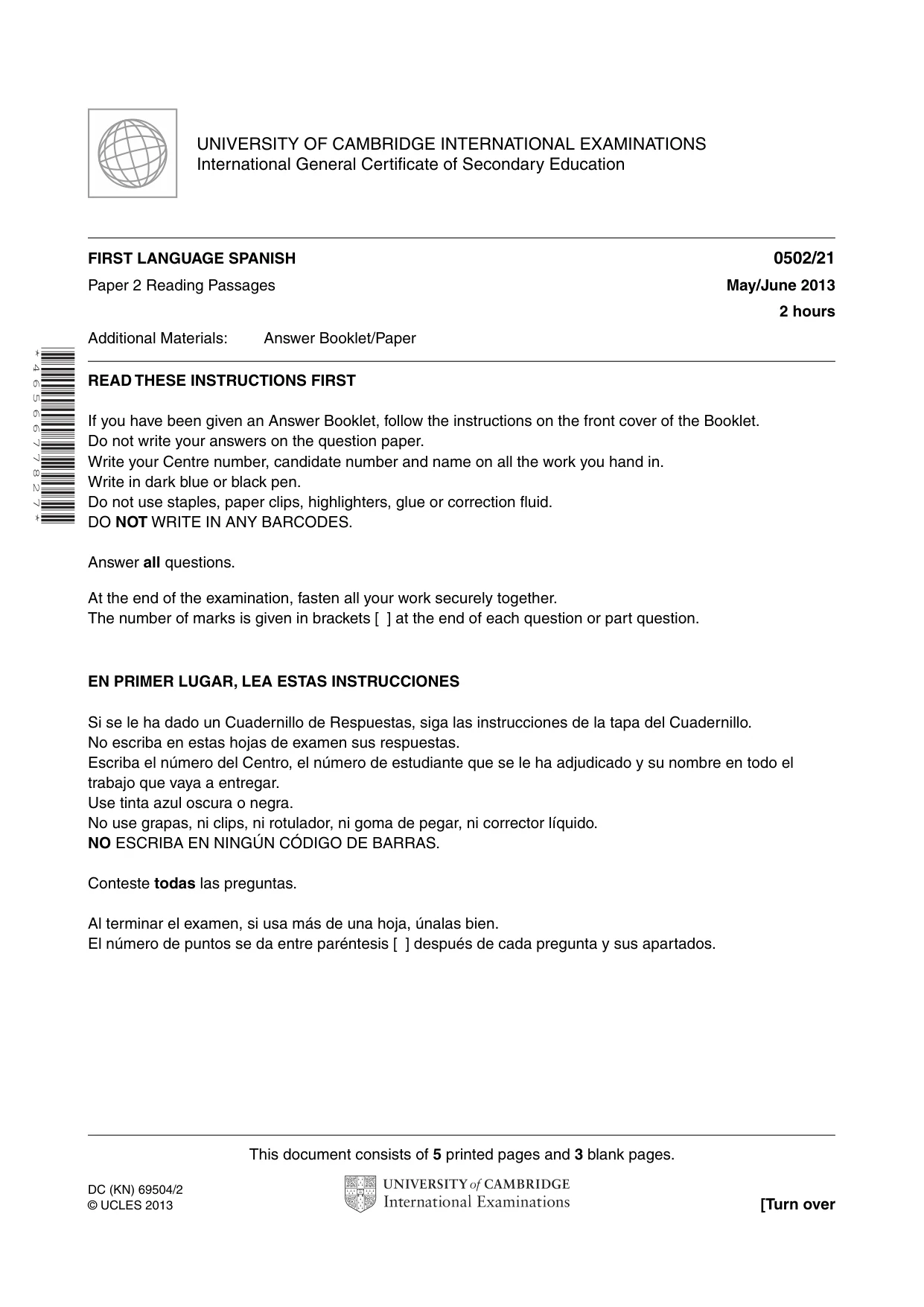 Cambridge IGCSE Spanish - First Language 0502 2013 May/June Paper 2 · Variant 1 question paper, page 1 of 8