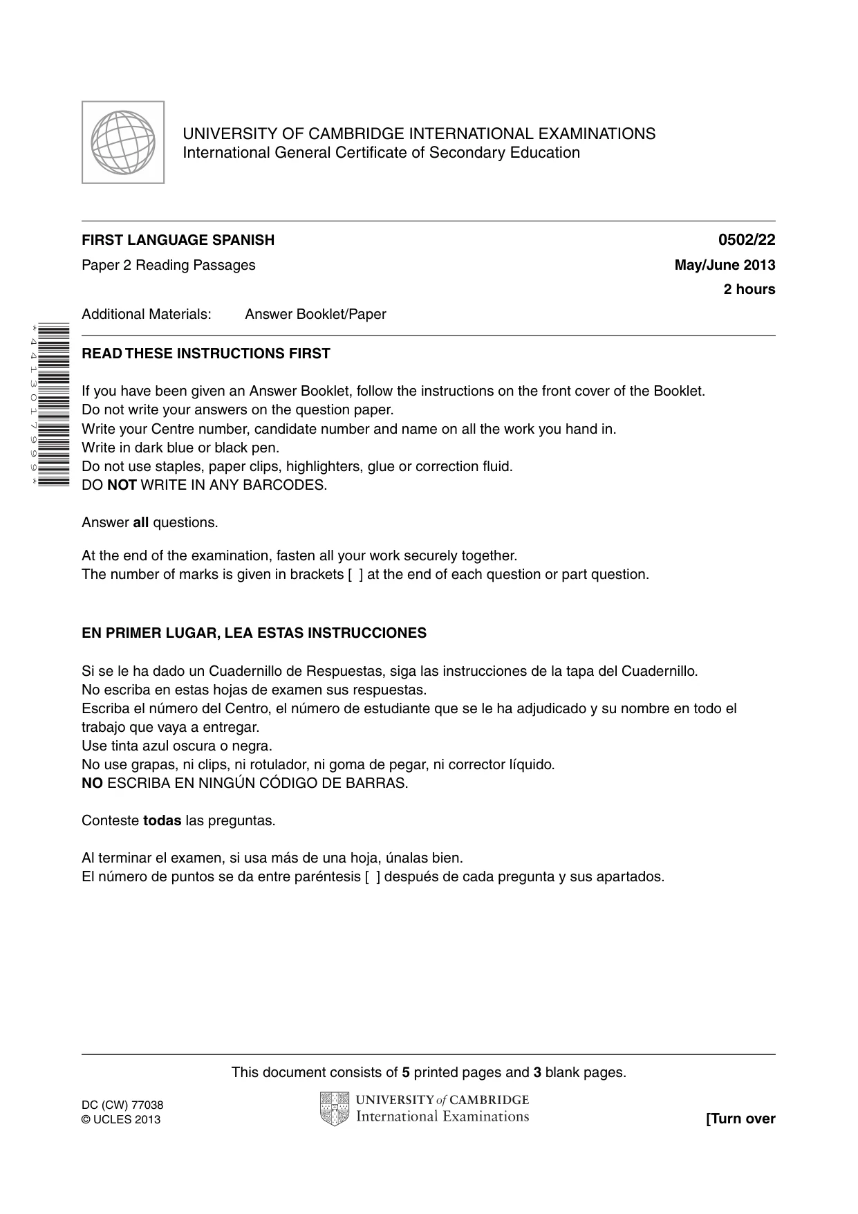 Cambridge IGCSE Spanish - First Language 0502 2013 May/June Paper 2 · Variant 2 question paper, page 1 of 8