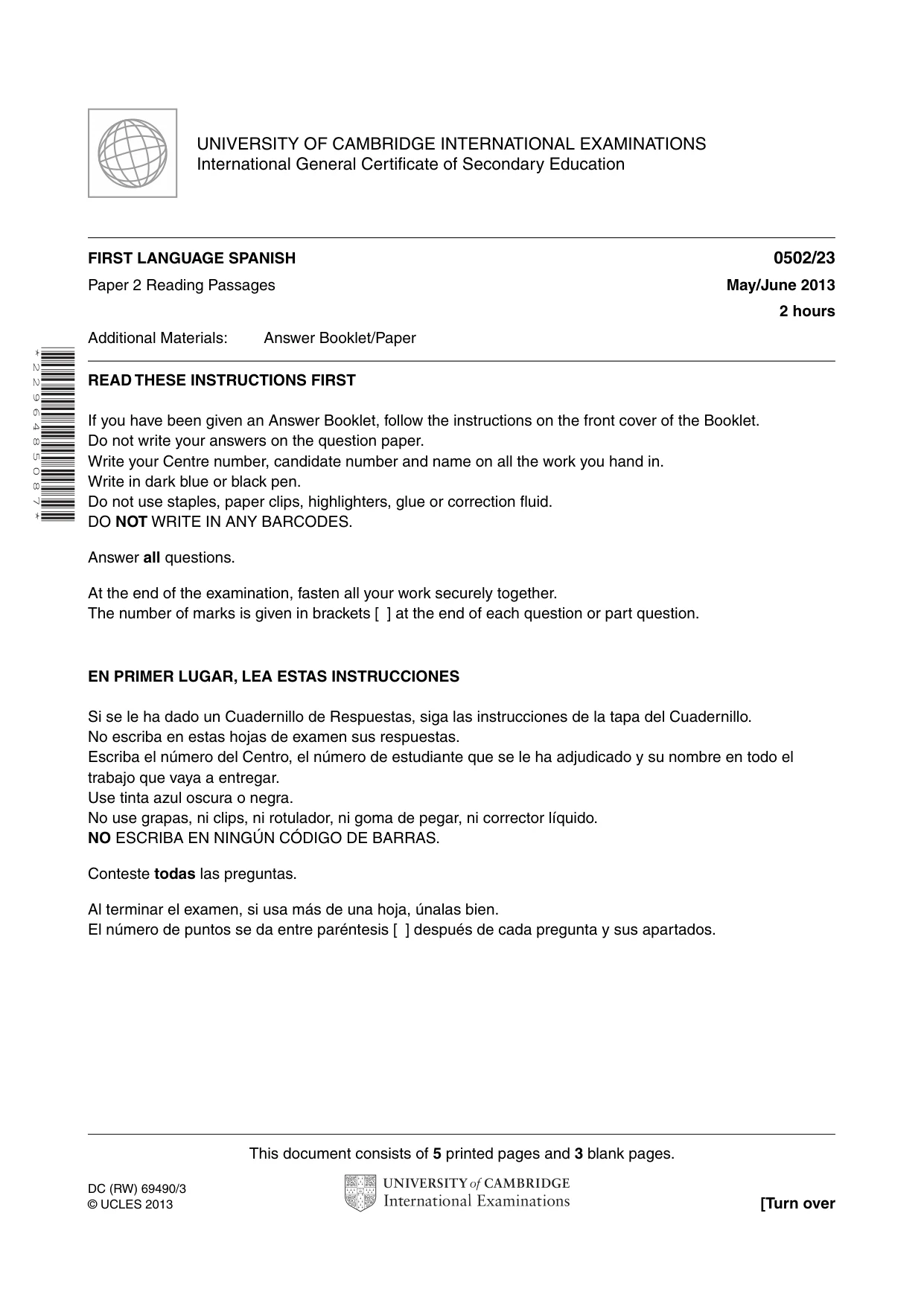 Cambridge IGCSE Spanish - First Language 0502 2013 May/June Paper 2 · Variant 3 question paper, page 1 of 8