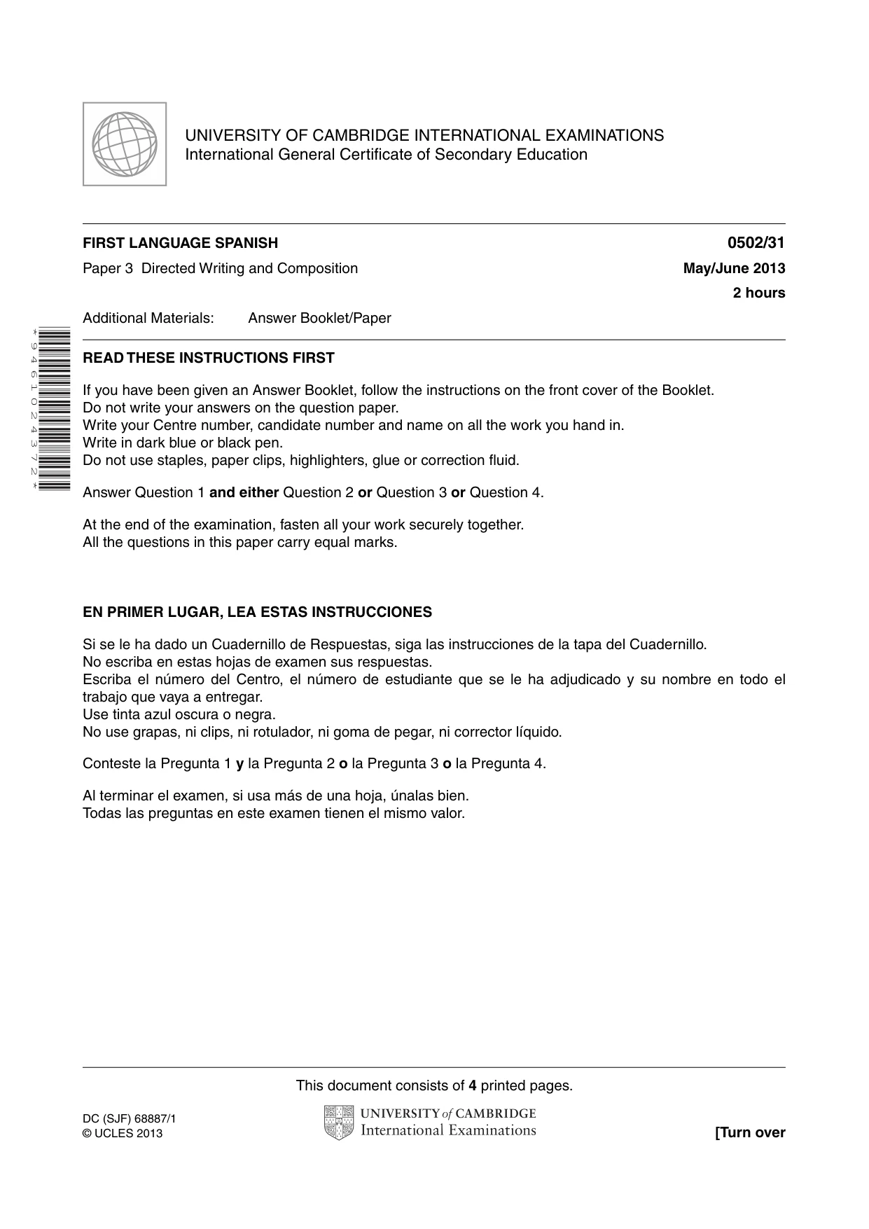 Cambridge IGCSE Spanish - First Language 0502 2013 May/June Paper 3 · Variant 1 question paper, page 1 of 4