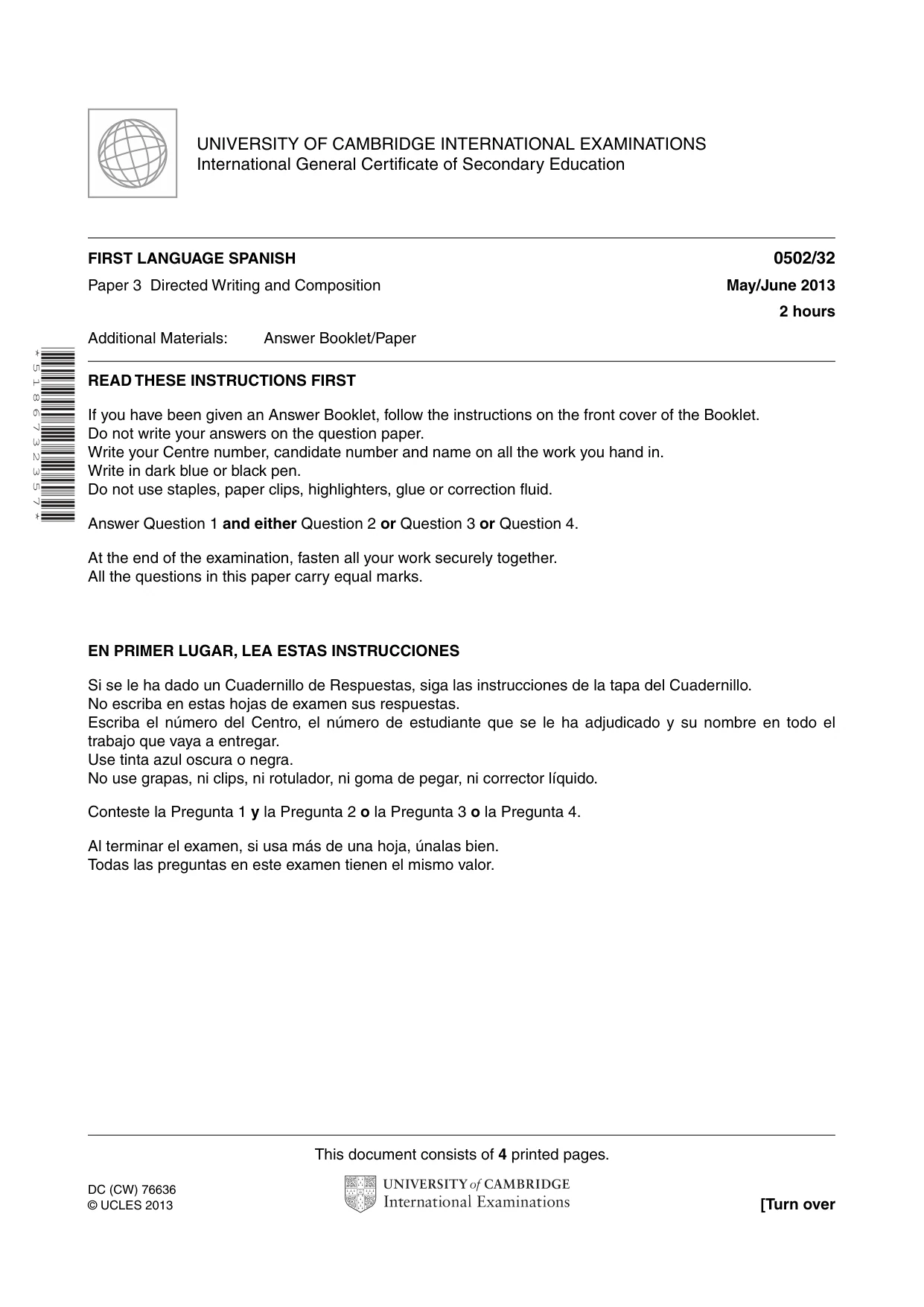 Cambridge IGCSE Spanish - First Language 0502 2013 May/June Paper 3 · Variant 2 question paper, page 1 of 4