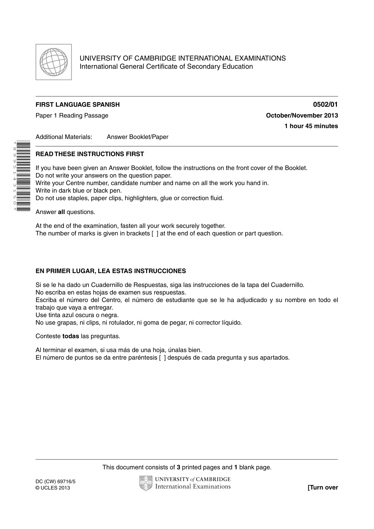 Cambridge IGCSE Spanish - First Language 0502 2013 Oct/Nov Paper 1 · Variant 1 question paper, page 1 of 4