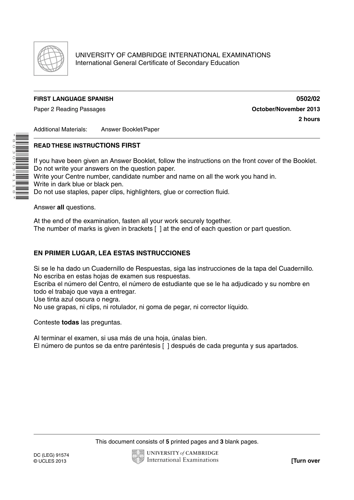 Cambridge IGCSE Spanish - First Language 0502 2013 Oct/Nov Paper 2 · Variant 1 question paper, page 1 of 8