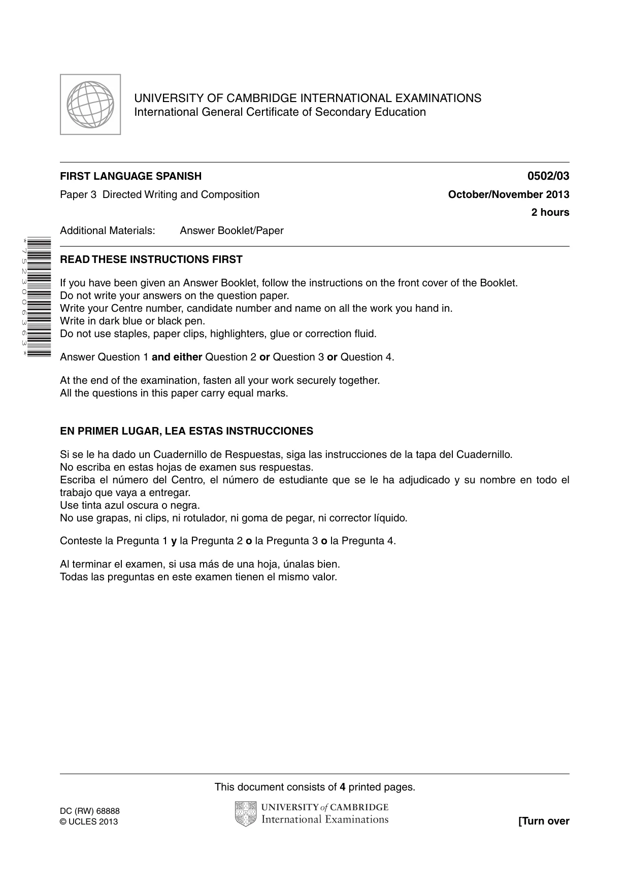 Cambridge IGCSE Spanish - First Language 0502 2013 Oct/Nov Paper 3 · Variant 1 question paper, page 1 of 4
