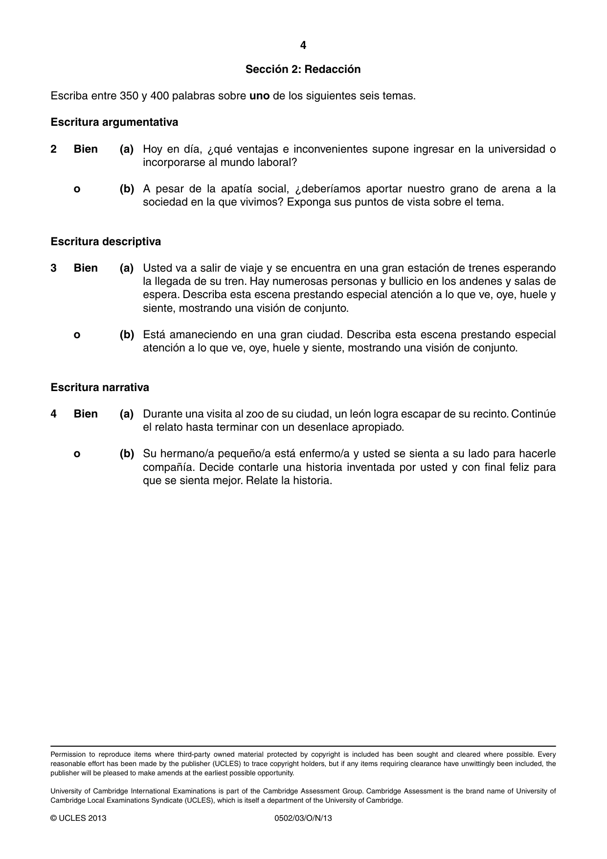 Cambridge IGCSE Spanish - First Language 0502 2013 Oct/Nov Paper 3 · Variant 1 question paper, page 4 of 4