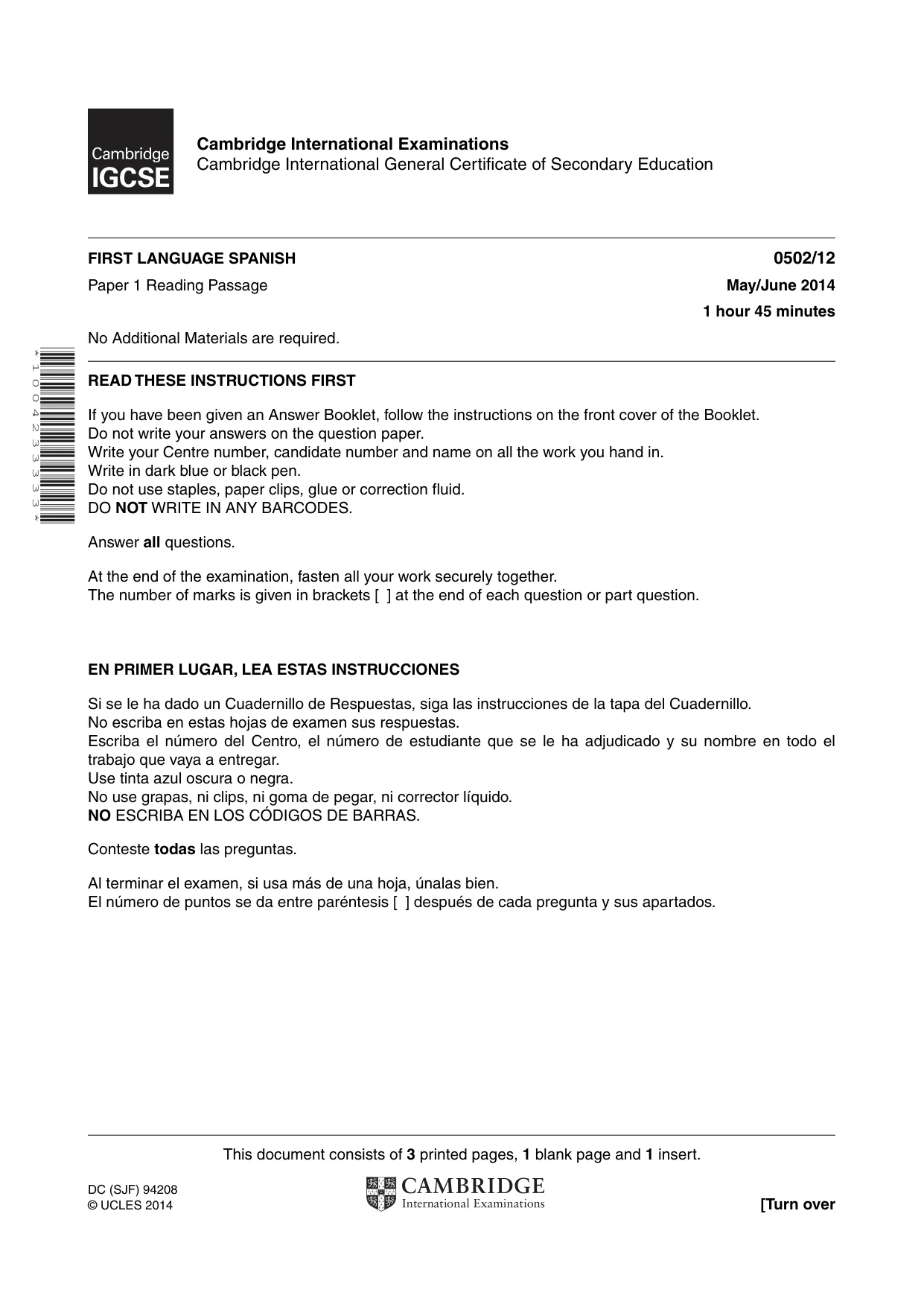 Cambridge IGCSE Spanish - First Language 0502 2014 May/June Paper 1 · Variant 2 question paper, page 1 of 4