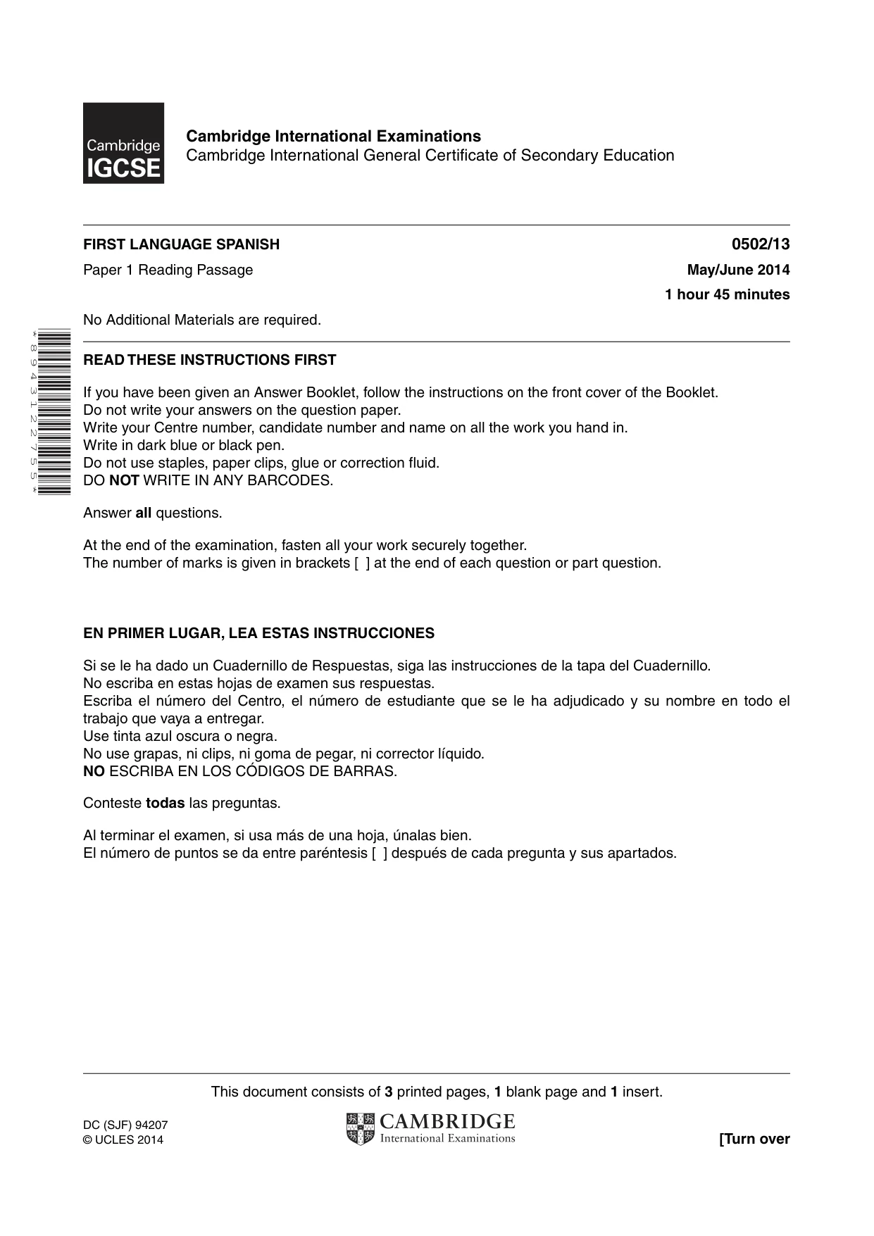 Cambridge IGCSE Spanish - First Language 0502 2014 May/June Paper 1 · Variant 3 question paper, page 1 of 4